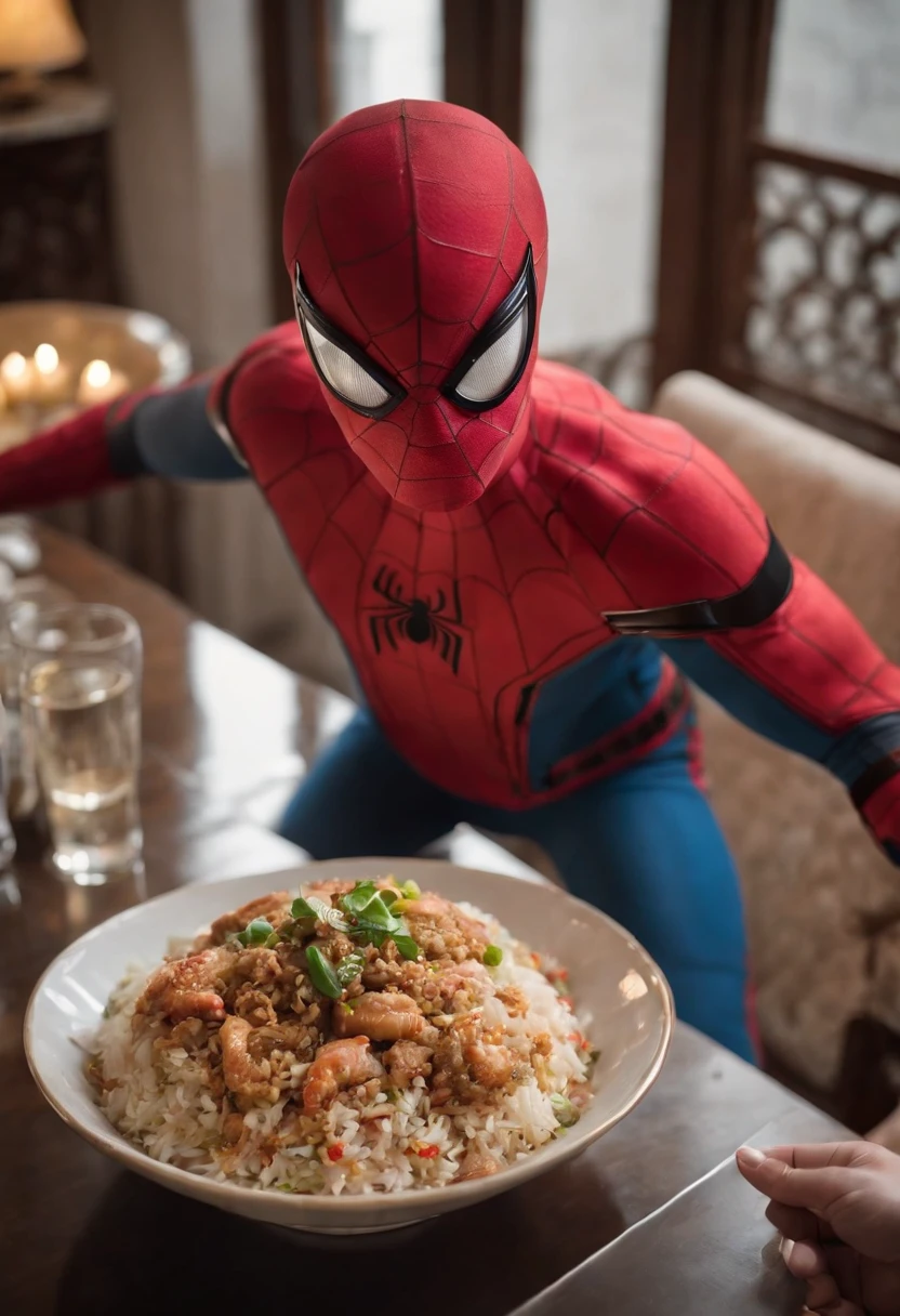 Cinematographer, ultra realista, Ropa detallada, Bellamente detallado, UHD, HDR, Altas Resoluciones, ultra detallado, Detalles intrincados, Efectos texturales, absurdos, obra maestra, 8k:1.2. En esta imagen, vemos a Spider-Man en un inusual descanso de sus actividades heroicas. He's standing in a chic Asian restaurant in his iconic costume...................... Spider-Man holds a bowl of Chinese fried rice mixed with oriental stir-fried noodles in his hands skillfully.., usando unos elegantes palillos chinos para llevar un bocado a su boca. The plate is full of fried rice, salteado. The restaurant is decorated with traditional Chinese elements, como linternas rojas colgando del techo y dragones dorados esculpidos en las paredes. The dim light of the lanterns creates a warm and welcoming atmosphere in the place.