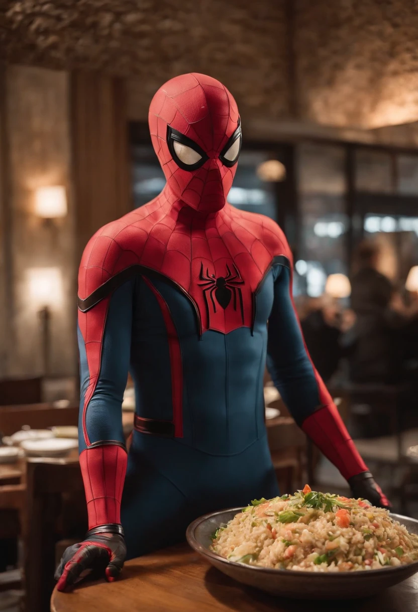 Cinematographer, ultra realista, Ropa detallada, Bellamente detallado, UHD, HDR, Altas Resoluciones, ultra detallado, Detalles intrincados, Efectos texturales, absurdos, obra maestra, 8k:1.2. En esta imagen, vemos a Spider-Man en un inusual descanso de sus actividades heroicas. He's standing in a chic Asian restaurant in his iconic costume...................... Spider-Man holds a bowl of Chinese fried rice mixed with oriental stir-fried noodles in his hands skillfully.., usando unos elegantes palillos chinos para llevar un bocado a su boca. The plate is full of fried rice, salteado. The restaurant is decorated with traditional Chinese elements, como linternas rojas colgando del techo y dragones dorados esculpidos en las paredes. The dim light of the lanterns creates a warm and welcoming atmosphere in the place.