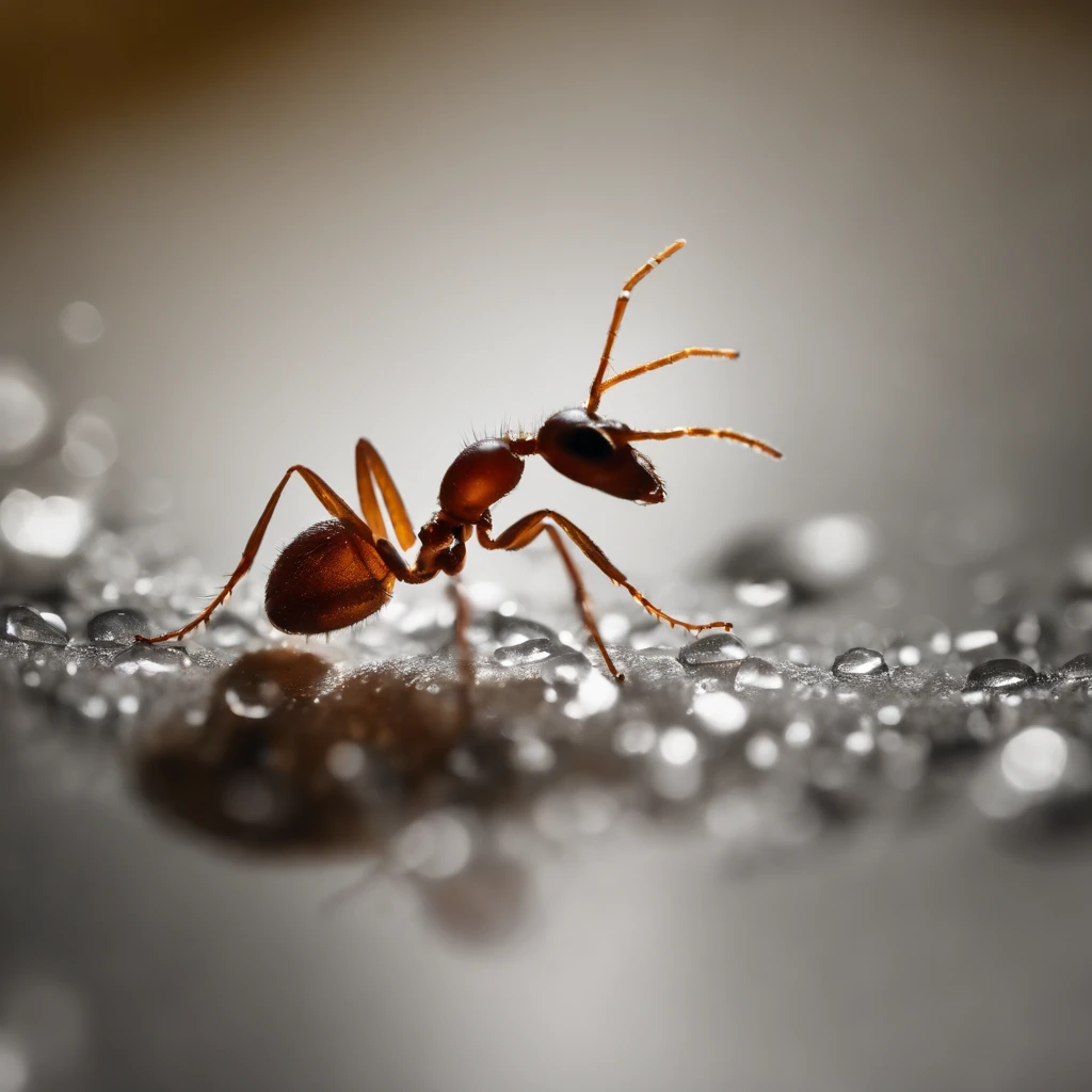 an ant standing on a piece of crystal snowflake is dropping from the air