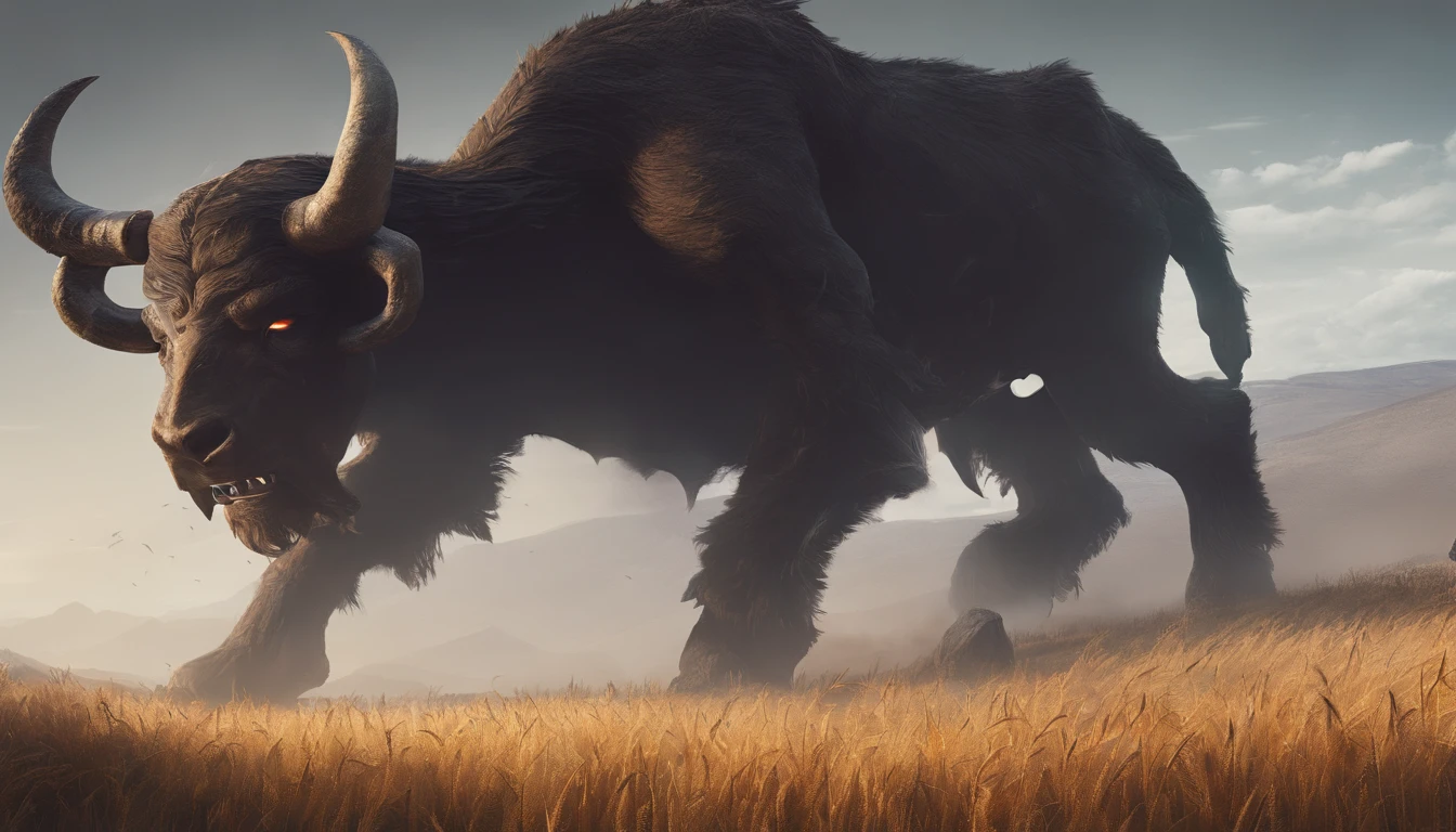 There is a ruins in the distance,A large group of pitch black(Minotaur monster:1.5)The enemy stands on a wheat field,Medieval landscape,Fantastical,4K,best qualtiy,primitive,((Ultra-detailed and high-precision details)),Power Hero & Magic 3,Fantastical,The background is the plain,path,grass field,the trees,wheat field,snow mountains,The scene is impressive,((Full body photo))