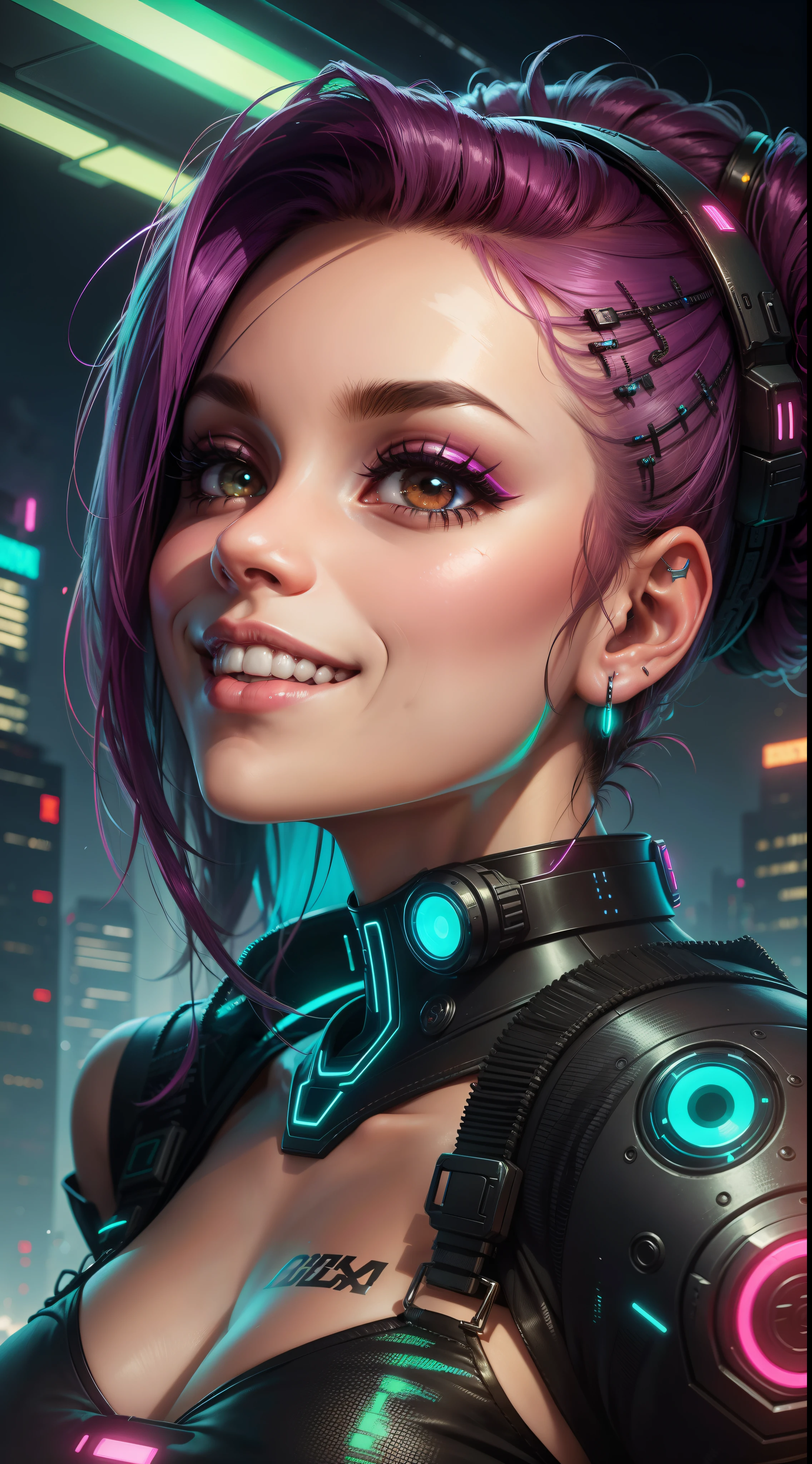 Garota sorrindo estilo cyberpunk mexicana na cidade a noite neon cyberpunk