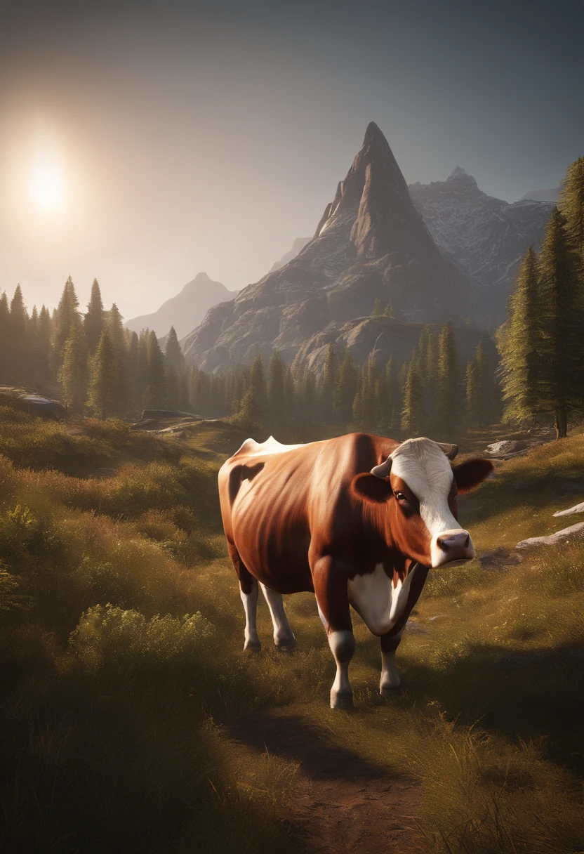 There is a mountain,There is a cow running through it, Unreal Engine 5 environment, unreal engine 5 highly rendered, unreal engine 5 hdr, hdr render in unreal engine 5, unreal engine 5 4 k uhd image, Unreal Engine 5 quality rendering, Unreal Engine 5 renderer, unreal engine 5 render, rendered in cryengine, Unreal Engine 5 8K rendering