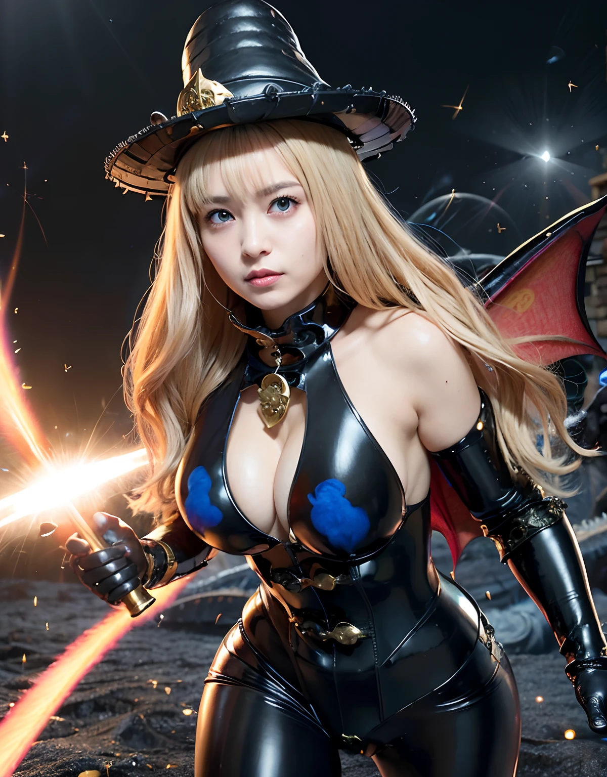 ((World of Darkness)),Professional , masterpiece、top-quality、photos realistic , depth of fields 、(((With a magic wand))),(Dragon Black Metal Body:1.9),(latex black-blue、(cleavage of the breast),(Fight dragons)、、(((Particles of light))),(Micro Bikini Armor:1.7),Gorgeous gold weapons ,(Fight dragons)、Seductive look、The face of the dragon is out、(blood splattere、Armpit、((((With a magic wand))), ) , (((Wearing a black latex wizard hat))),(demonic wings) ,((a blond))、(Castle background)、((Gangle's forest background))、Beautiful Caucasian beauty、1a person、Armpit、dynamic ungle,(((Detailed and ornate dragon wizard hat)))、Smaller head、A smile、Castle background、Thin and beautiful female hands、cleavage of the breast、Soldier in iron armor on background、Mystical expression、Light Effects、intense fighting、Wind-effect、magic circles、With the legendary magic wand、Dragon's tail、explosions、Toostock、Toostock、(Beautuful Women),