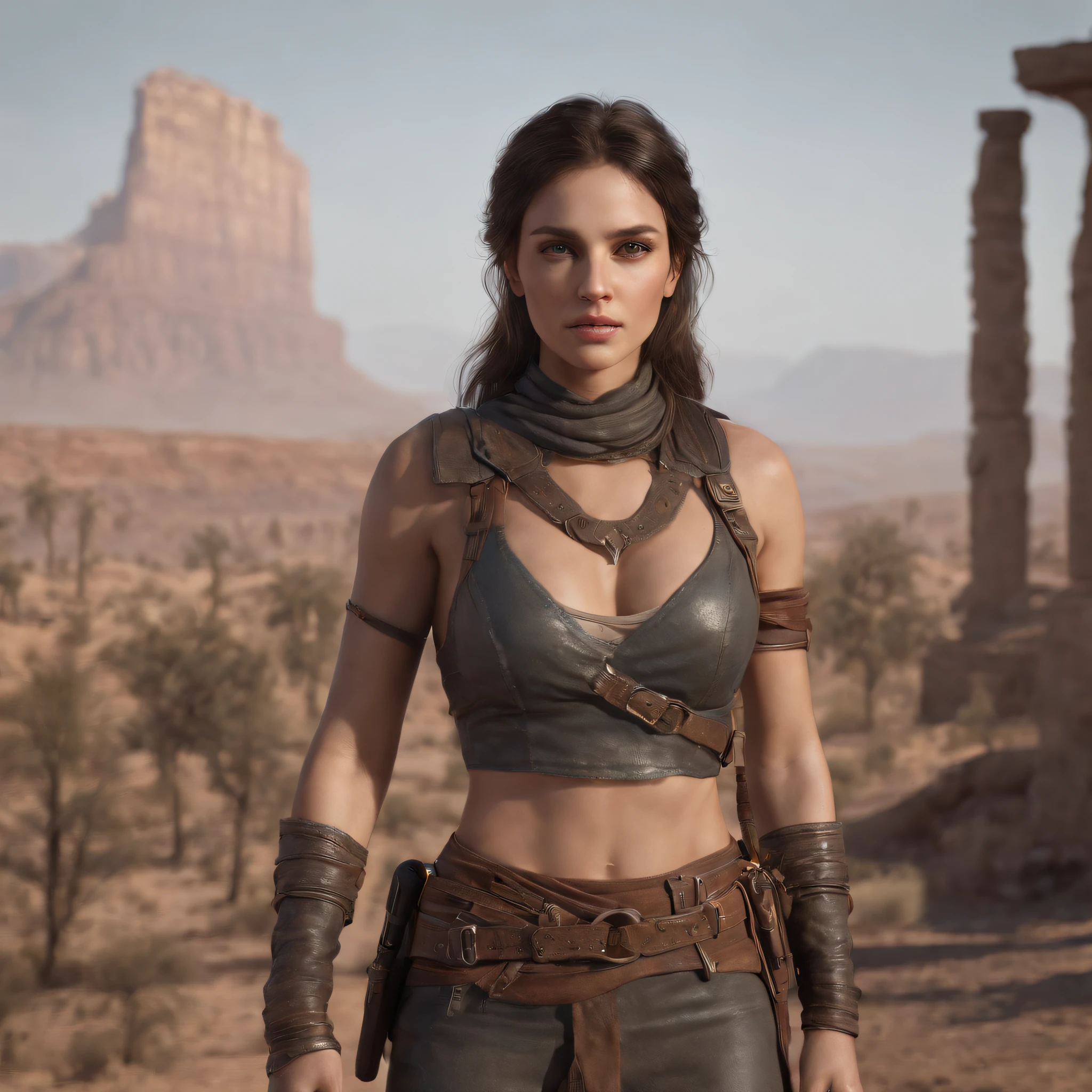 An attractive woman, [gunslinger:bounty hunter:0.4], stands in an apocalyptic wilderness. The woman has beautiful, detailed eyes and lips, as well as an extremely detailed face. She exudes confidence and determination in her posture and expression. Her outfit reflects her role as a gunslinger, with rugged and worn clothing that matches the post-apocalyptic setting. The wilderness surrounding her is barren and desolate, with remnants of civilization in ruins. The atmosphere is filled with an eerie glitchwave style, giving the scene a futuristic and distorted aesthetic. The colors are vibrant and bold, contrasting with the gloomy surroundings. The lighting casts dramatic shadows and highlights, enhancing the overall mood of the artwork. The artwork should be of the best quality, with high resolution (4k, 8k), showcasing the ultra-detailed features of the woman and the environment. It should have a realistic and photorealistic appearance, capturing every intricate detail. The final result should be a masterpiece, achieved through the use of studio lighting and physically-based rendering techniques.