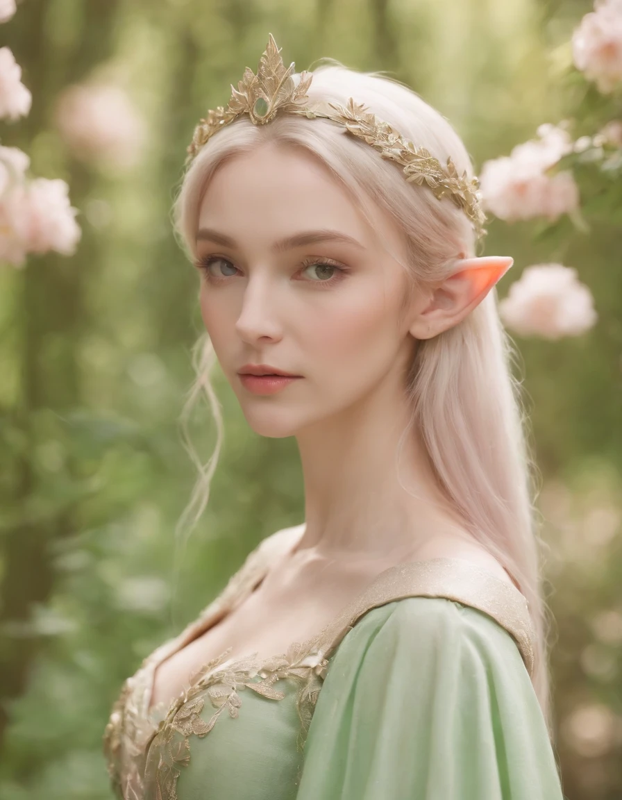 An elf princess in the forest, pointy ears, in the style of light pink and light green, anime aesthetic, detailed costumes, i can't believe how beautiful this is, photo-realistic techniques, birds & flowers, light gold and green，Medium Long Shot