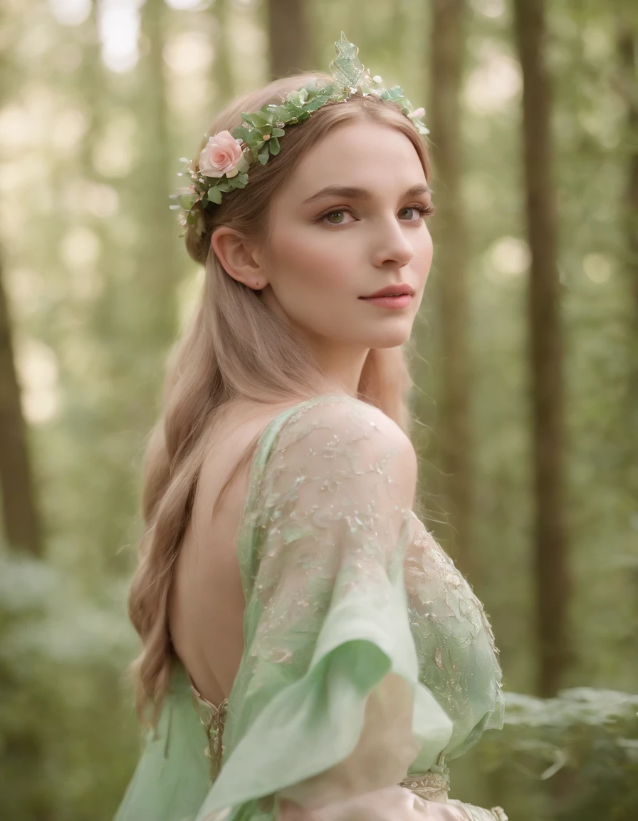 An elf princess in the forest, pointy ears, in the style of light pink and light green, anime aesthetic, detailed costumes, i can't believe how beautiful this is, photo-realistic techniques, birds & flowers, light gold and green,Medium Long Shot