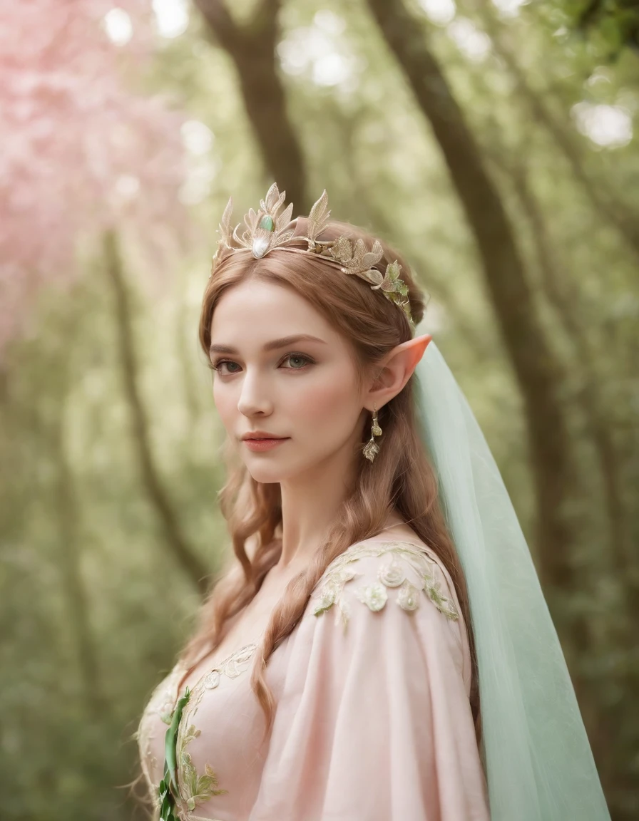 An elf princess in the forest, pointy ears, in the style of light pink and light green, anime aesthetic, detailed costumes, i can't believe how beautiful this is, photo-realistic techniques, birds & flowers, light gold and green,Medium Long Shot