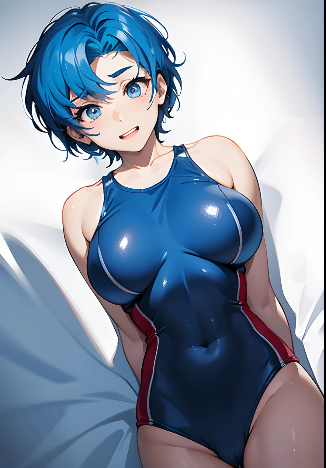 Cartoon photo of a man in a blue swimsuit, gender change, gender change(Girls to boys), Wet swimsuit, Men with short blue hair, wearing a swimming wear, garments:High-cut swimwear, Rogue Anime Boy, short-hair, Swimsuit, Cute boy in tank suit,