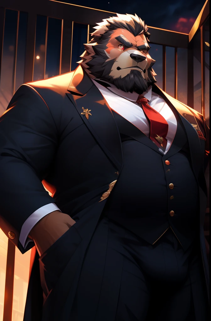 old man, bara,royal commander, thick body, slightly fat,ornate suit,long tie,white beard,handsome, sharp gaze, in cage,red eyes, big bulge, standing, hands put behind hip, hd quality, masterpiece, extremely detailed, looking to the viewer, perspective view, UHD, 64k, unreal.(highly detailed skin), (detailed face), detailed background, dark lighting, twilight lighting, volumetric lighting, intricate details, UHD