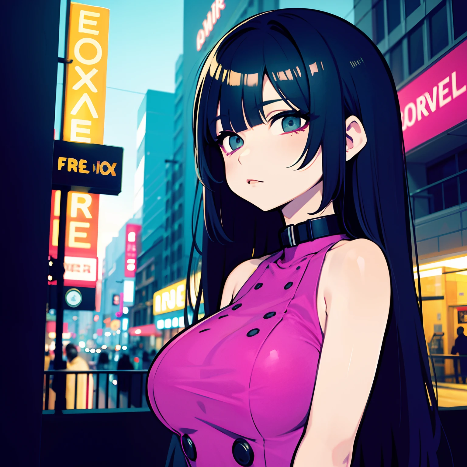 Balcony background，World-weary face，Neon lights at night，The breeze ruffles the hair，big-breasted beauty，Cyberpunk Personality