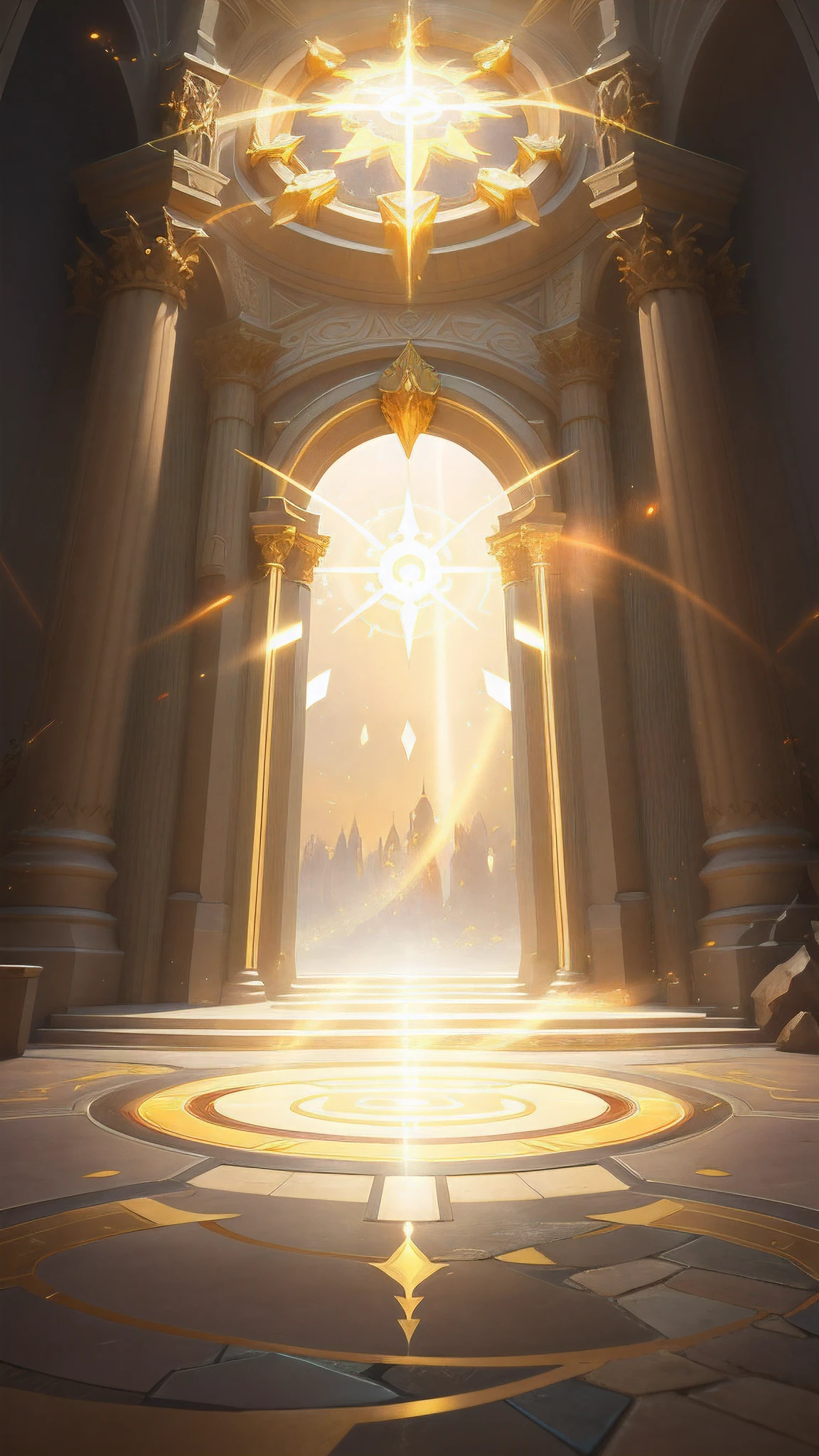 The Gate of Time and Space，a warm color palette，Concise composition，The Gate of Time，avas，Golden light，emissive，The Gate of Time，Golden domed doors，Radiates the golden glow of the sun，Romanesque round gold columns，The moment the door opens，Resplendent，Surrounded by round clocks，sway，Still magical，Super eralism，hyper HD，octaneratingrendering，cinmatic lighting，by Pixar，3D，4K，High quality --S 750 --ar 9:16 --Niji 5 Concept Art Magical Highlights, gold ethereal light, light kingdom backdrop, official overwatch game art, stunning arcanum backdrop, radiating golden light, cathedral background, portal to the ethereal realm, holy fire spell art, blizzard concept art, blizzard game concept art, overwatch splash art, opening a shining portal