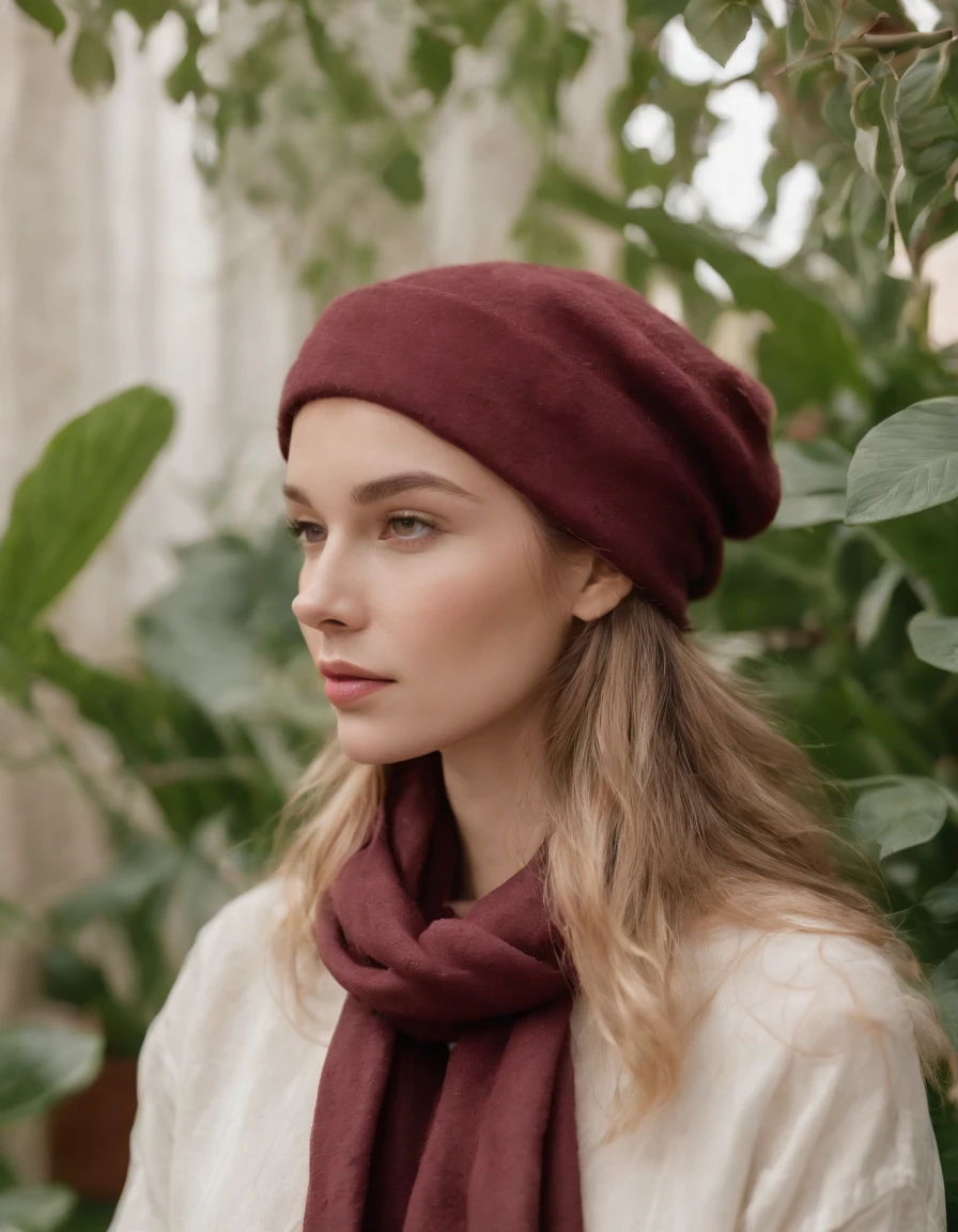 chick in hat with scarf against plants, in the style of dreamy portraits, maroon, candid photography style, honeycore, frayed, floral, normcore (medium close-up)