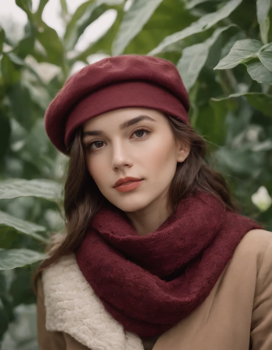 chick in hat with scarf against plants, in the style of dreamy portraits, maroon, candid photography style, honeycore, frayed, floral, normcore (medium close-up)