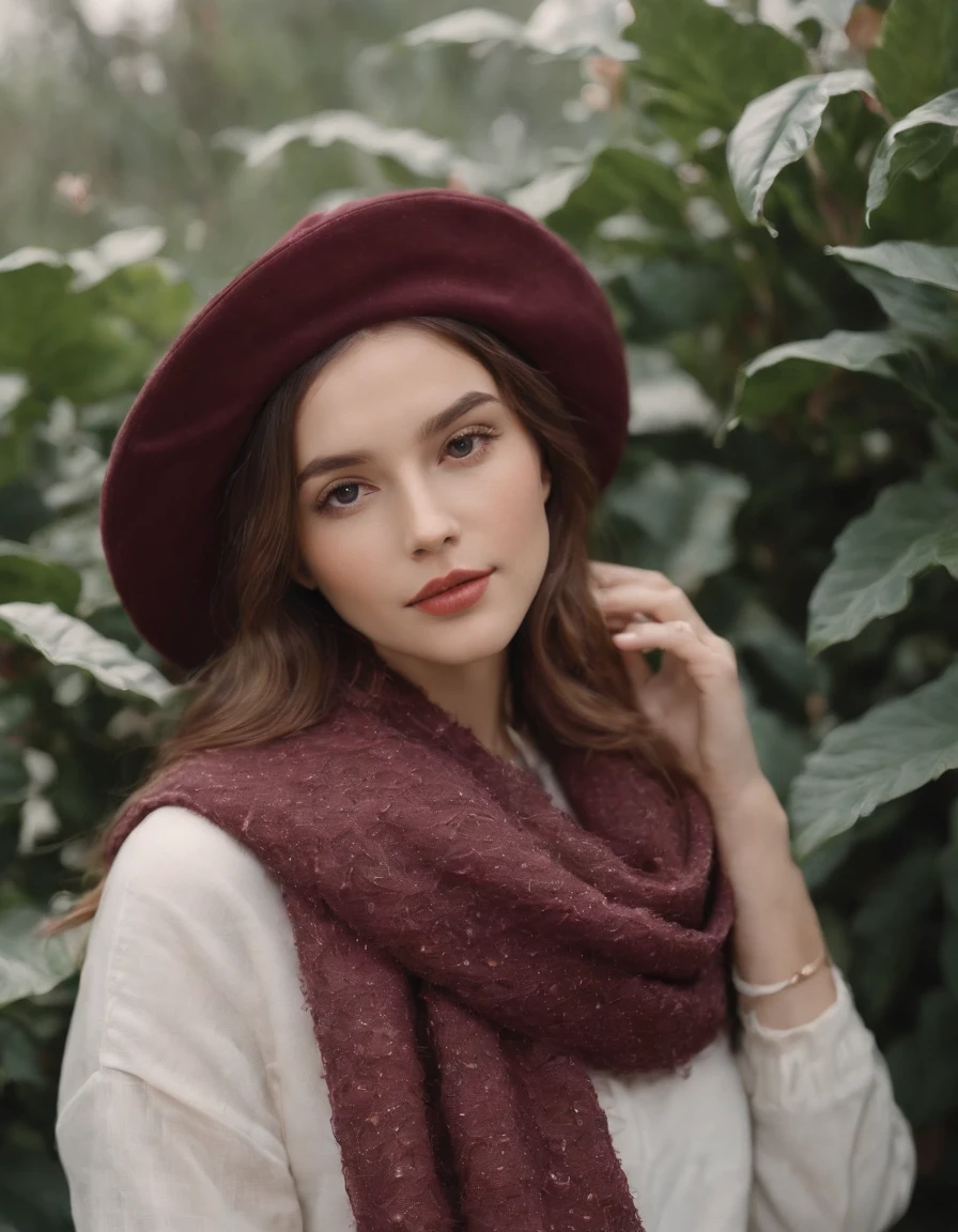 chick in hat with scarf against plants, in the style of dreamy portraits, maroon, candid photography style, honeycore, frayed, floral, normcore (medium close-up)