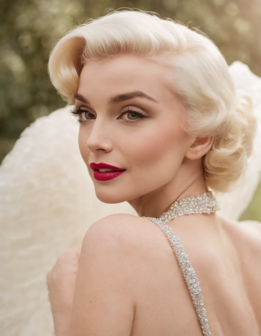 mulher loira parecida com a AUDREY HEPBURN e a marilyn monroe ultra realista Bijoux de Charme,medium shot