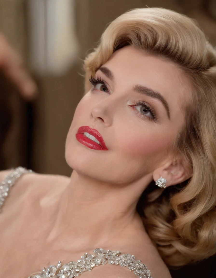 mulher loira parecida com a AUDREY HEPBURN e a marilyn monroe ultra realista Bijoux de Charme,medium shot