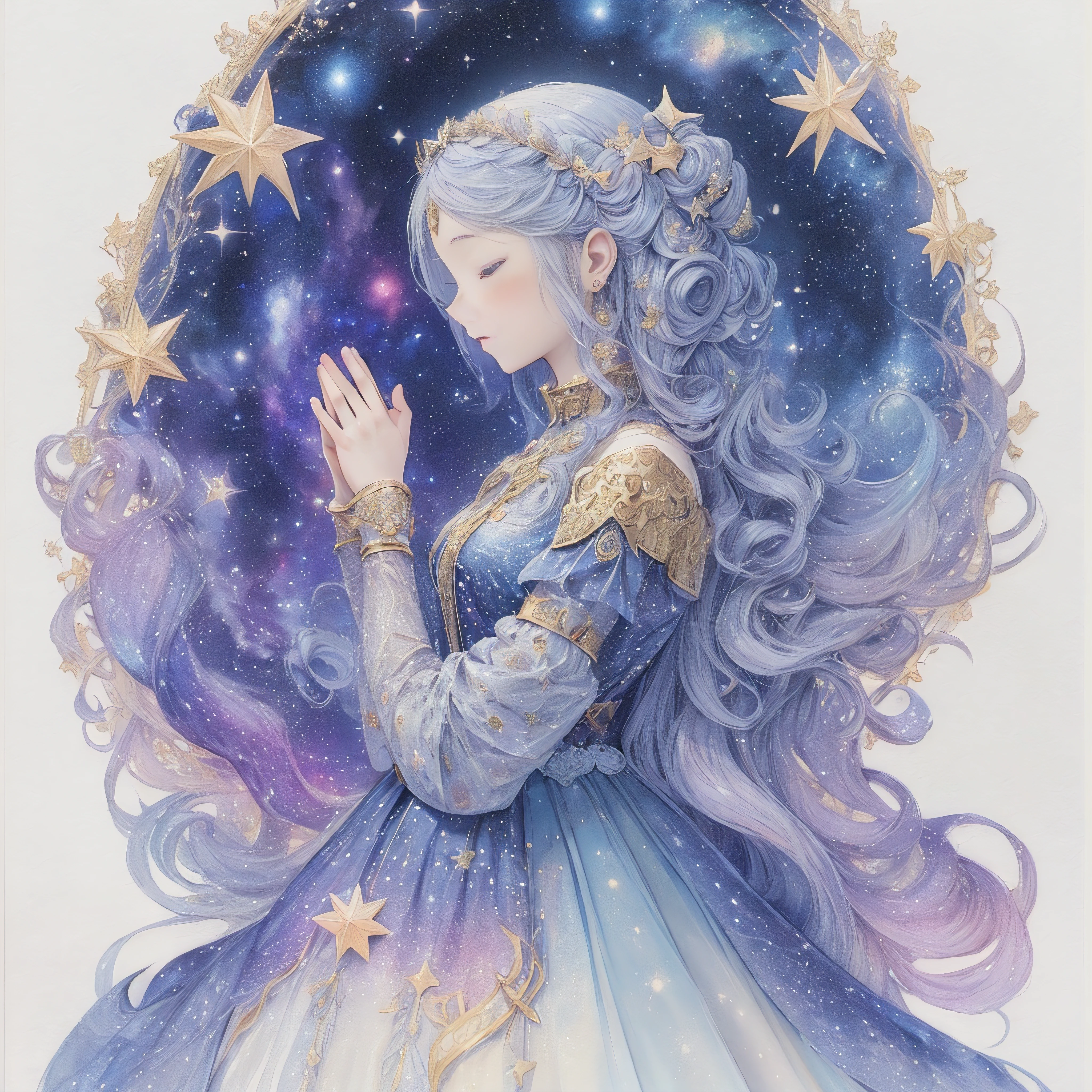 There is a woman with long hair and a crown on her head, Close your eyes, Goddes of the Galaxy, celestial goddess, beautiful celestial mage, anime art nouveau cosmic display, goddess of space and time, Portrait of the Goddess of the Universe, goddess of universe, anime girl with cosmic hair, anime fantasy illustration, Goddess. extremely high detail, Star(skyporn) starrysky_skyporn, astral fairy, sky witch