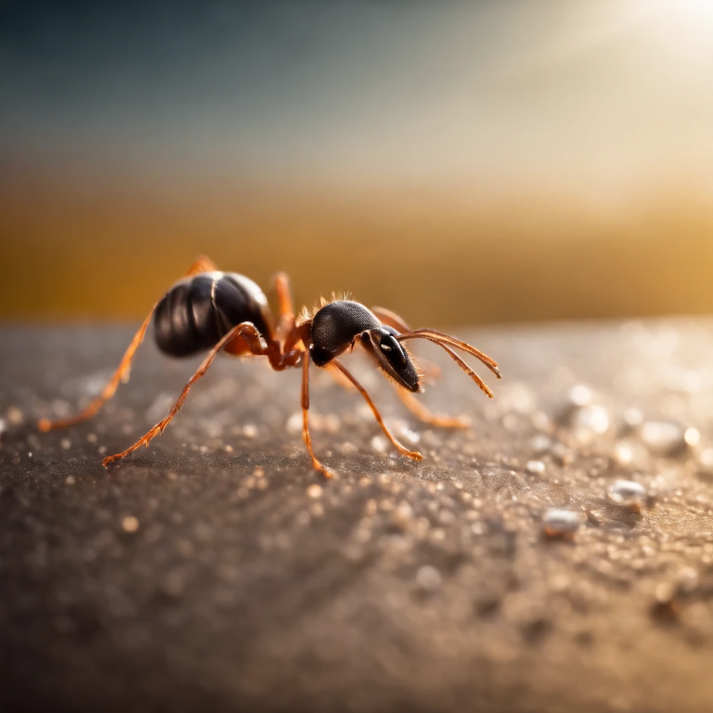 an ant standing on a piece of crystal snowflake is dropping from the air