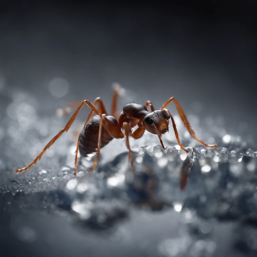 an ant standing on a piece of crystal snowflake is dropping from the air