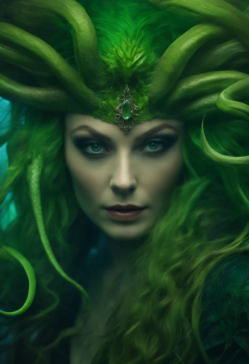 Portrait of the Sea Witch, Long green hair, Evil, villain, She's coming for you, up-close, Dark ocean,( Underwater:1.1), Lightning, Bright eyes, Wearing a dress made of algae, Tentacles, Octopus, (up-close:1.3)
