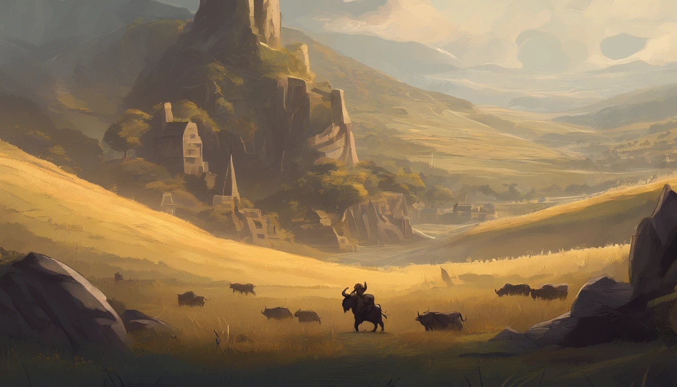 There is a ruins in the distance，A large group of pitch black(Minotaur monster:1.5)The enemy stands on a wheat field，Five minotaurs holding golden tomahawks，Medieval landscape，Fantastical，4K，best qualtiy，primitive，（(Ultra-detailed and high-precision details))，Power Hero & Magic 3，Fantastical，The background is the plain，path，grass field,the trees，wheat field，snow mountains，The scene is impressive,((Full body photo))