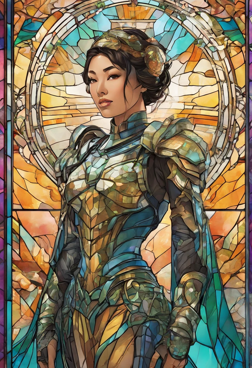 A determined Asian woman in a futuristic, lightweight armor stands guard over a lush, vibrant metropolis, her big eyes surveying the solarpunk-inspired eco-street with a fierce determination.