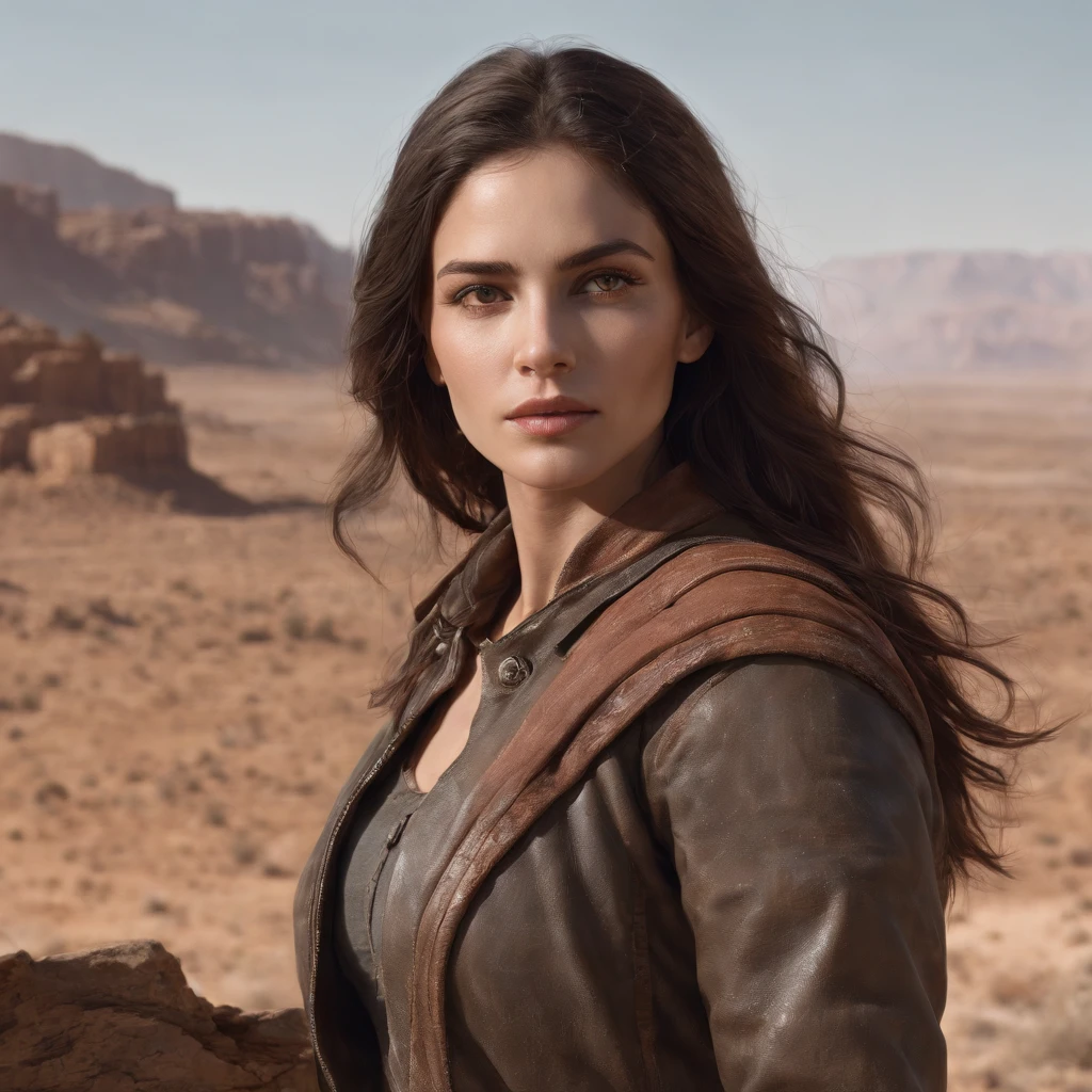 An attractive woman, [gunslinger:bounty hunter:0.4], stands in an apocalyptic wilderness. The woman has beautiful, detailed eyes and lips, as well as an extremely detailed face. She exudes confidence and determination in her posture and expression. Her outfit reflects her role as a gunslinger, with rugged and worn clothing that matches the post-apocalyptic setting. The wilderness surrounding her is barren and desolate, with remnants of civilization in ruins. The atmosphere is filled with an eerie glitchwave style, giving the scene a futuristic and distorted aesthetic. The colors are vibrant and bold, contrasting with the gloomy surroundings. The lighting casts dramatic shadows and highlights, enhancing the overall mood of the artwork. The artwork should be of the best quality, with high resolution (4k, 8k), showcasing the ultra-detailed features of the woman and the environment. It should have a realistic and photorealistic appearance, capturing every intricate detail. The final result should be a masterpiece, achieved through the use of studio lighting and physically-based rendering techniques.