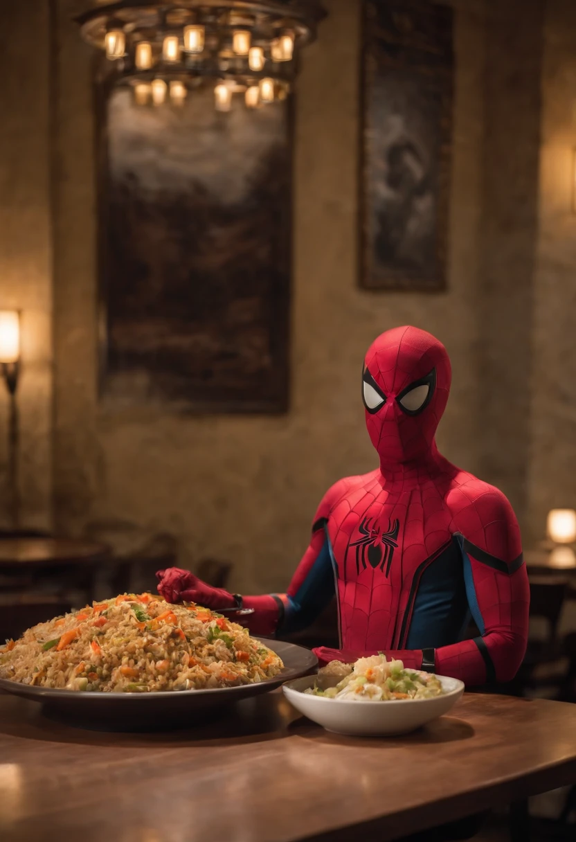 Cinematographer, ultra realista, Ropa detallada, Bellamente detallado, UHD, HDR, Altas Resoluciones, ultra detallado, Detalles intrincados, Efectos texturales, absurdos, obra maestra, 8k:1.2. En esta imagen, vemos a Spider-Man en un inusual descanso de sus actividades heroicas. He's standing in a chic Asian restaurant in his iconic costume....................... Spider-Man holds a bowl of Chinese fried rice mixed with oriental stir-fried noodles in his hands skillfully.., usando unos elegantes palillos chinos para llevar un bocado a su boca. The plate is full of fried rice, salteado. The restaurant is decorated with traditional Chinese elements, como linternas rojas colgando del techo y dragones dorados esculpidos en las paredes. The dim light of the lanterns creates a warm and welcoming atmosphere in the place.