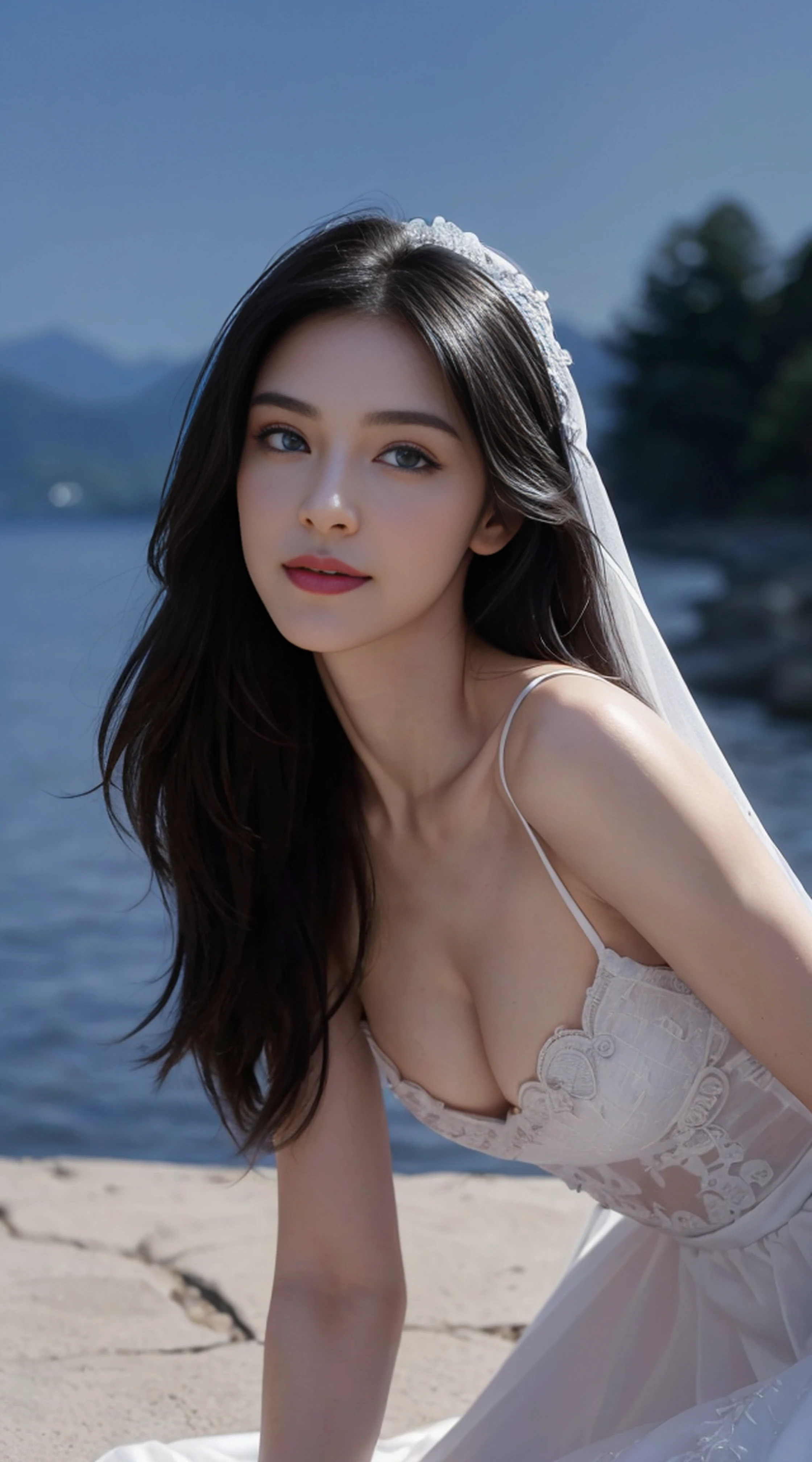 8K, Top Quality, Intricate Details, Ultra Detail, Ultra High Resolution, Masterpiece, random angle,  Slender, Smile, (Makeup: 0.4), (Fluffy Blue Eyes: 1.21), blue Eyes, looking at viewer, ((full body)), 1girl, solo, 1 girl, (( full body)), close up shot, , ((tall)), (((fit body))), (((slim face))), sharp face, sharp eyes, (((black hair, long hair, ))  (detailed face), sharp face, small lips, 
 ((Wedding dress)),  detailed face, detailed breast, , large breast, detail ass, , Beautiful girl with accentuated slender abs: 1.4, Six Pack Abs: 1.4, Bust Botox, Big, Perfect Body, detail leg, (( moonlight)), top of mountain