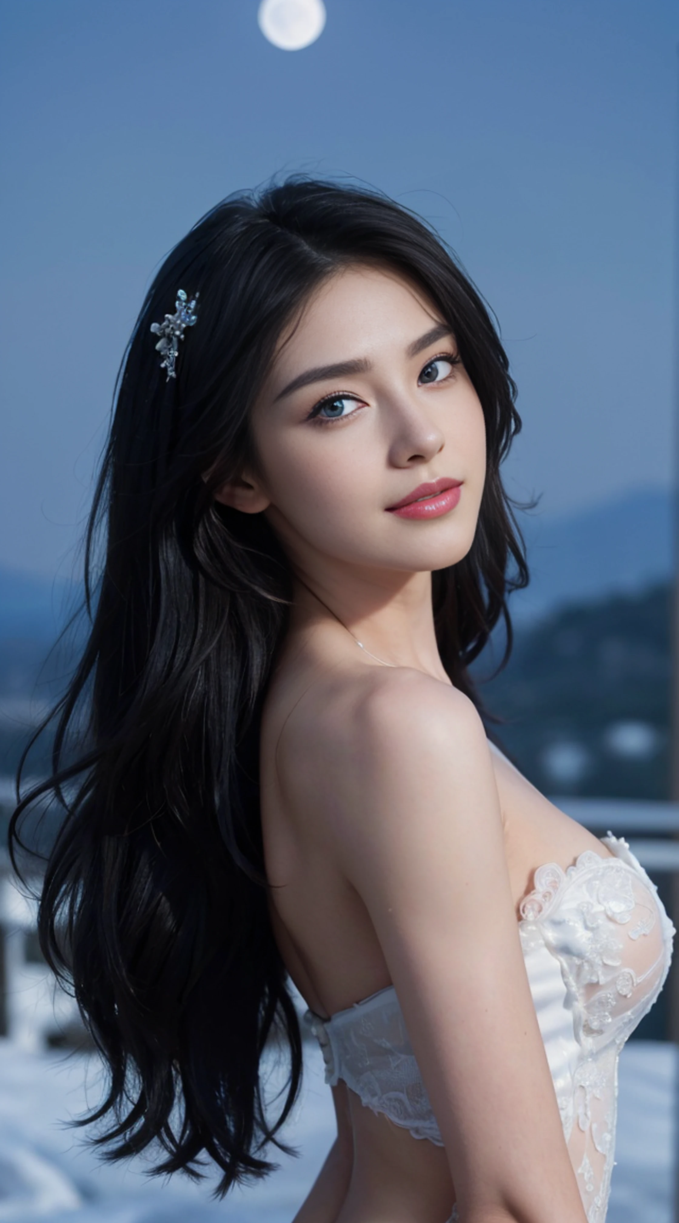 8K, Top Quality, Intricate Details, Ultra Detail, Ultra High Resolution, Masterpiece, random angle,  Slender, Smile, (Makeup: 0.4), (Fluffy Blue Eyes: 1.21), blue Eyes, looking at viewer, ((full body)), 1girl, solo, 1 girl, (( full body)), close up shot, , ((tall)), (((fit body))), (((slim face))), sharp face, sharp eyes, (((black hair, long hair, ))  (detailed face), sharp face, small lips, 
 ((Wedding dress)),  detailed face, detailed breast, , large breast, detail ass, , Beautiful girl with accentuated slender abs: 1.4, Six Pack Abs: 1.4, Bust Botox, Big, Perfect Body, detail leg, (( moonlight)), top of mountain