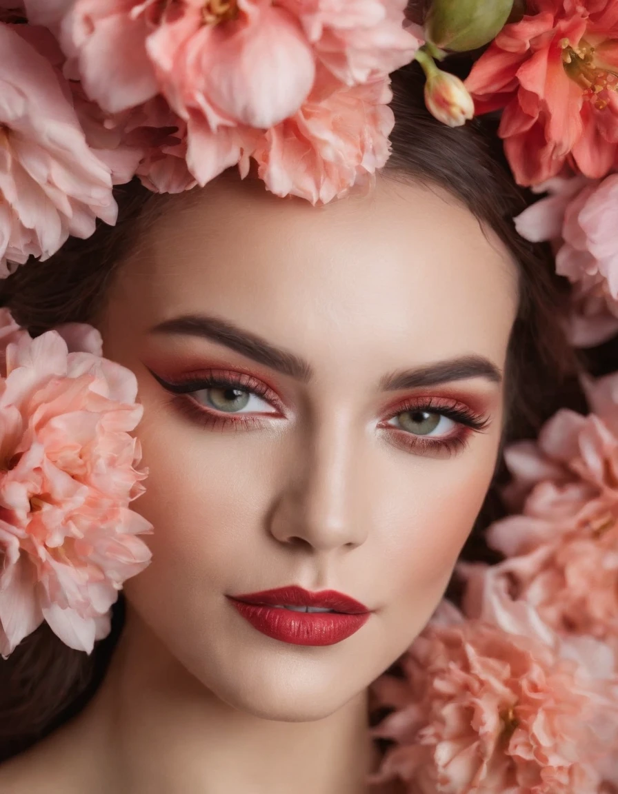 woman with creative fantasy makeup, face surrounded by flowers, close up framing of face, bold color palette, side studio lighting, bokeh style, in the style of ultrafine detail, high quality photo ,(close-up)