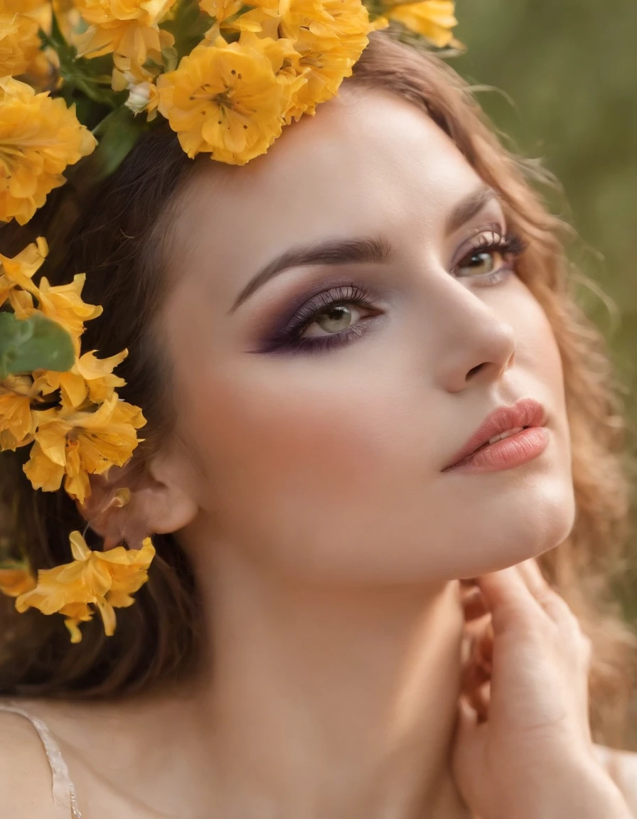 woman with creative fantasy makeup, face surrounded by flowers, close up framing of face, bold color palette, side studio lighting, bokeh style, in the style of ultrafine detail, high quality photo ,(close-up)