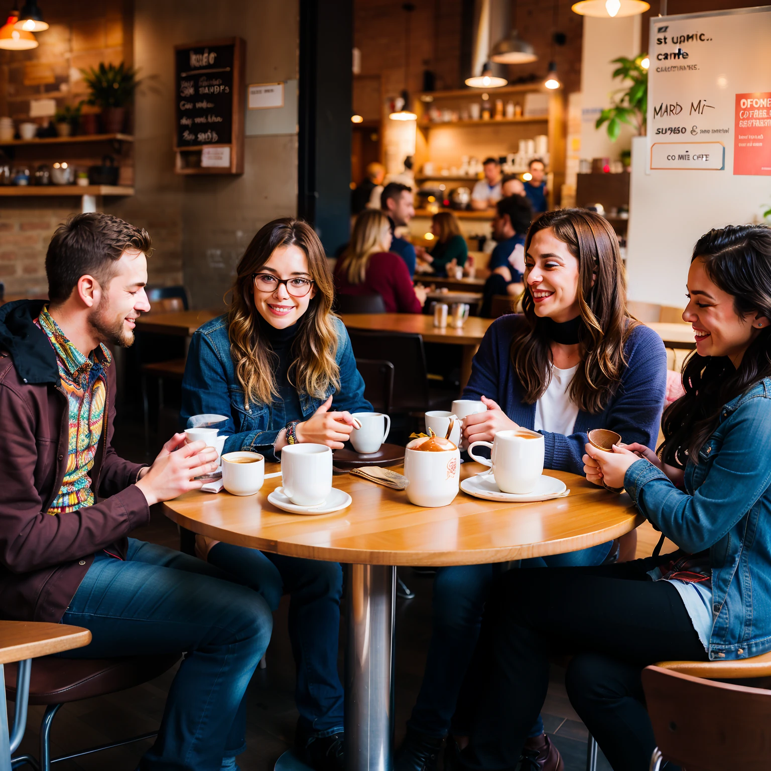 Three women and two men sitting at a table with coffee cups, enjoying coffee at a coffee shop, Grupo sentarse a la mesa, in a coffee shop, Sentado en una mesa de color moca, sitting in a cafe, Personas sentadas en mesas, in a bright cafe,sobre un fondo oscuro, coffee shop, pasar un buen rato, Warm and cheerful atmosphere
