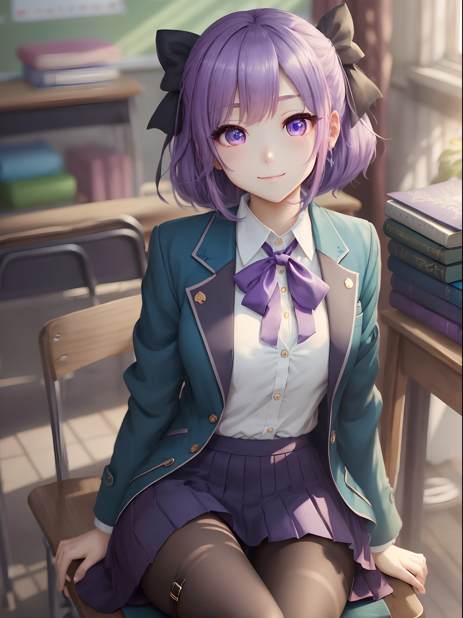 Anime girl with purple hair and purple eyes,3D images、 A smile、Medium Hair、Pink hair、poneyTail、best anime 4k konachan wallpaper,The purple color of the hair in the video game Azure Lane, Anime girl with purple hair and purple eyes,3D images、Highly detailed CG Unity 8k wallpaper, [3D images:.15],Attractive eyes、[[A detailed eye、Colorful eyes、radiant eyes:1.15]], poneyTail、BREAK black pantyhose, Blazer, Blue jacket, Blue Ribbon, Blue skirt, buttoning, Collared shirt, Jacket, Long sleeves, Neck ribbon, Pleated skirt, bow ribbon, ‎Classroom、a chair、sit a chair、School uniform, Shirt, Long Skirt Figure, White shirt, winter uniform、small tits,