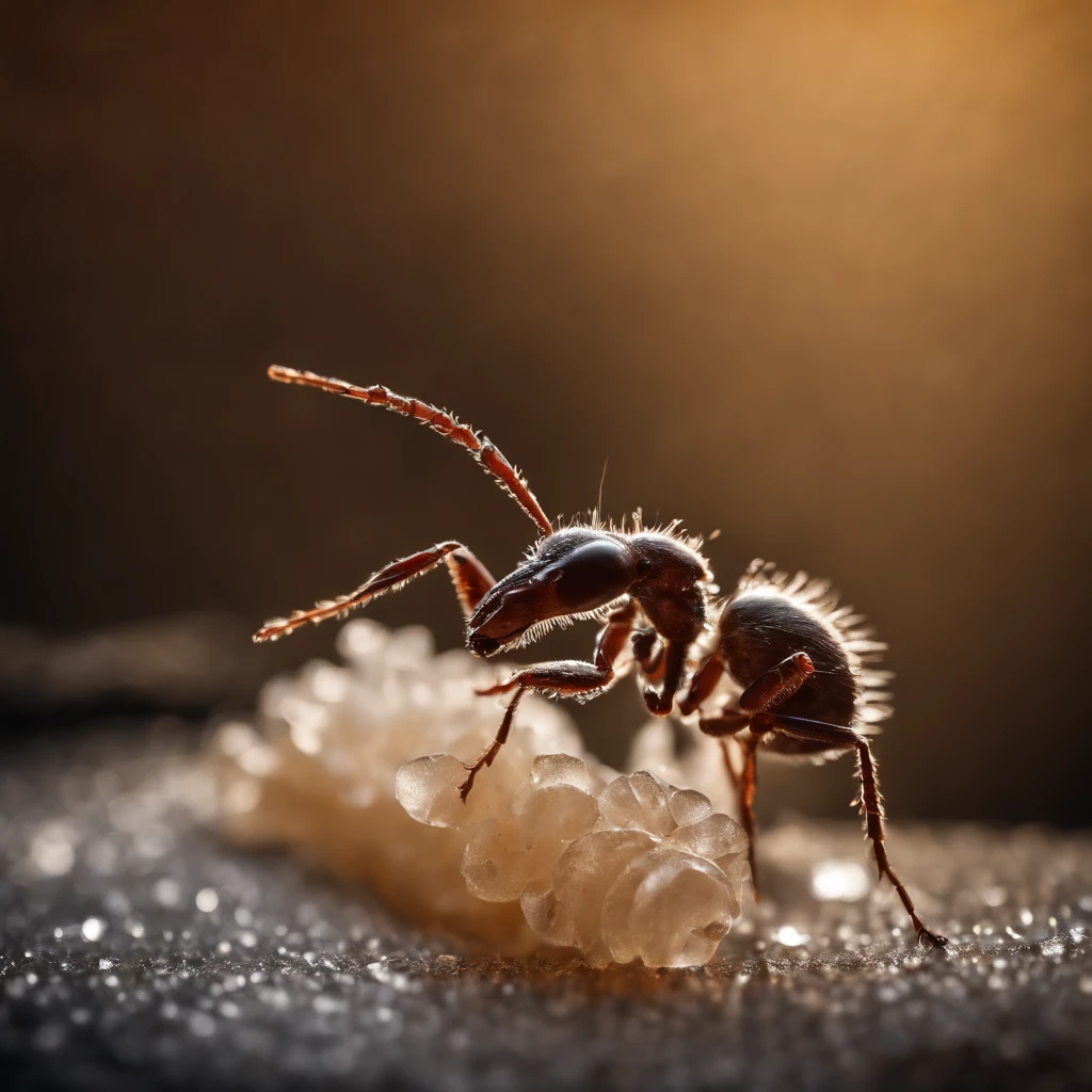 An ant stands on a crystal snowflake that has fallen from the sky