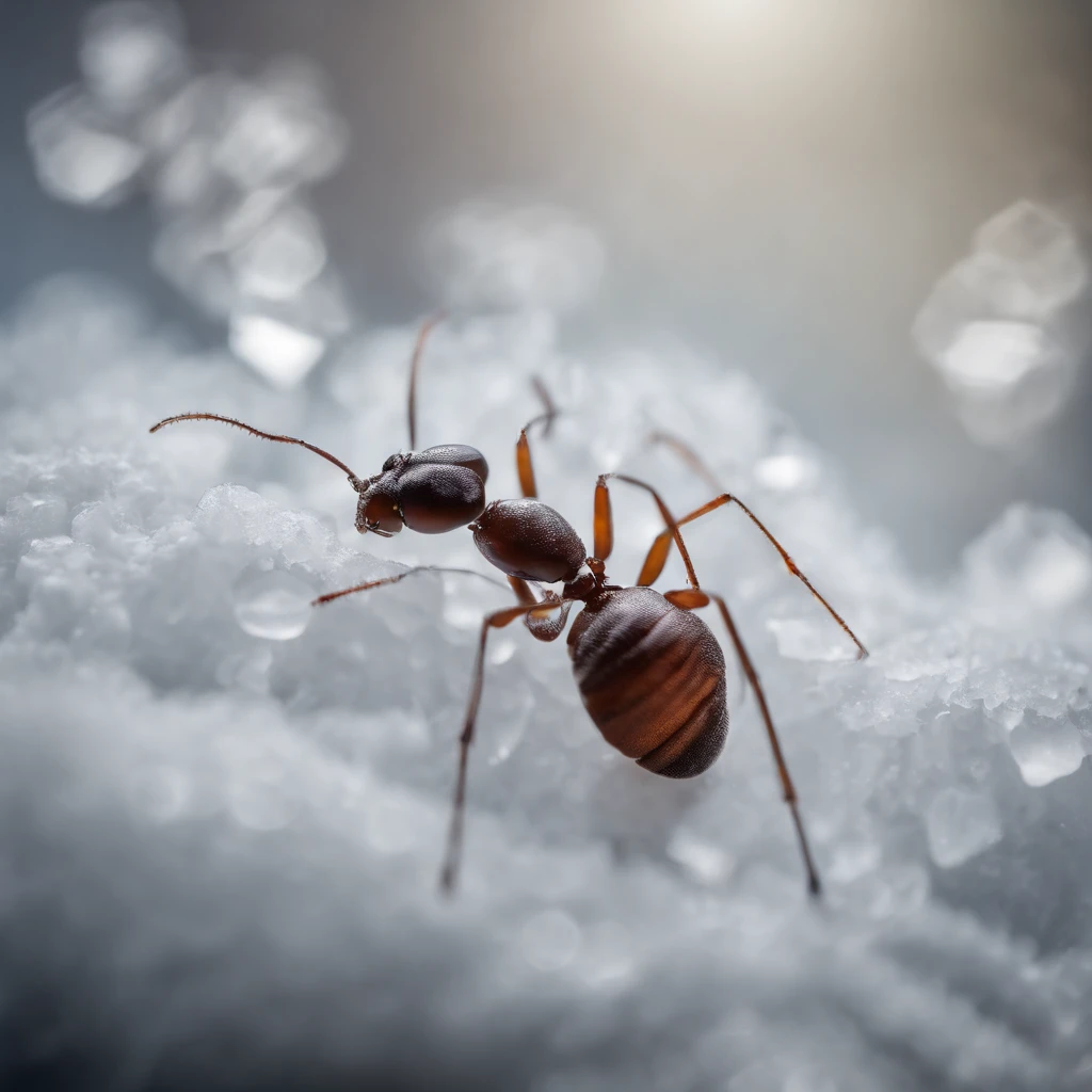 An ant stands on a crystal snowflake that has fallen from the sky