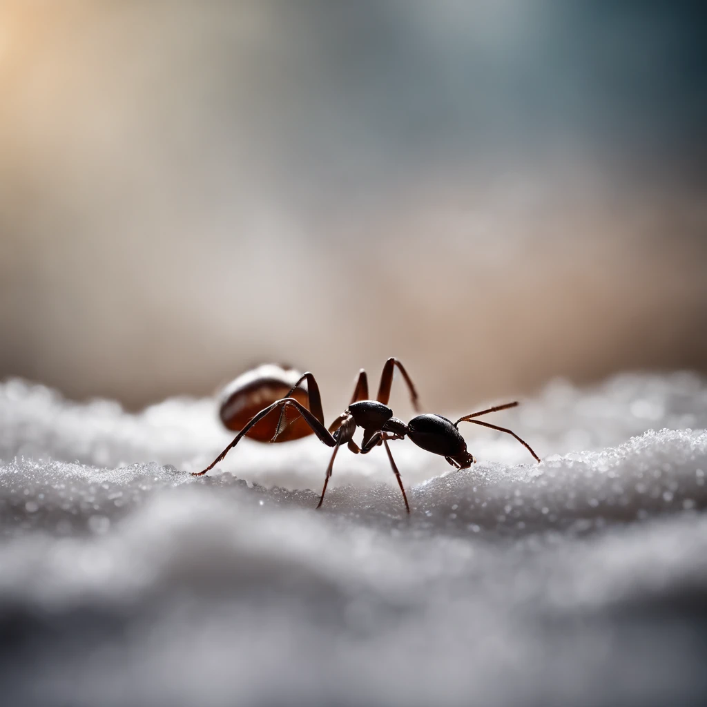 An ant stands on a crystal snowflake that has fallen from the sky
