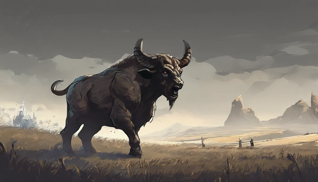 There is a ruins in the distance,A large group of pitch black(Minotaur monster:1.5)The enemy stands on a wheat field,5 minotaurs with golden tomahawks,Terrifying,Sense of oppression,Medieval landscape,Fantastical,4K,best qualtiy,primitive,((Ultra-detailed and high-precision details)),Power Hero & Magic 3,Fantastical,The background is the plain,path,grass field,the trees,wheat field,snow mountains,The scene is impressive,