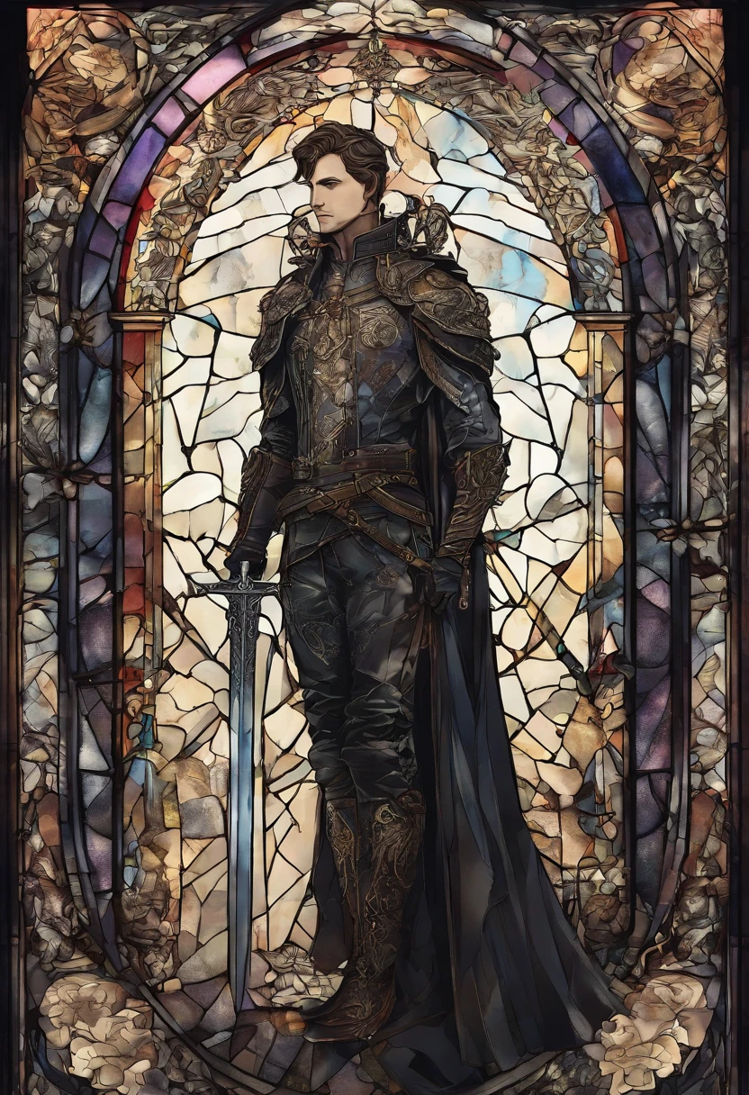 Hero of light, portrait shot, holding a shimmering sword into air, stained glass portrait, extremely detailed, absurdes