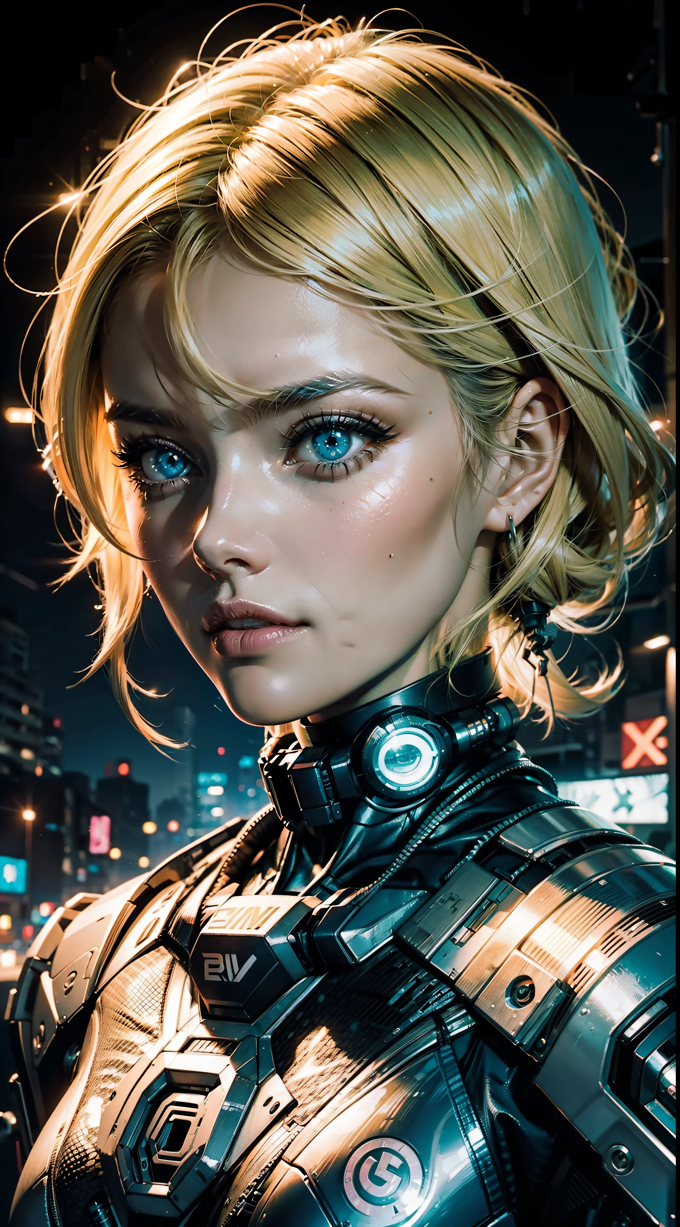 Double exposure of a face of a blonde girl, em uma cidade neon estilo cyber punk