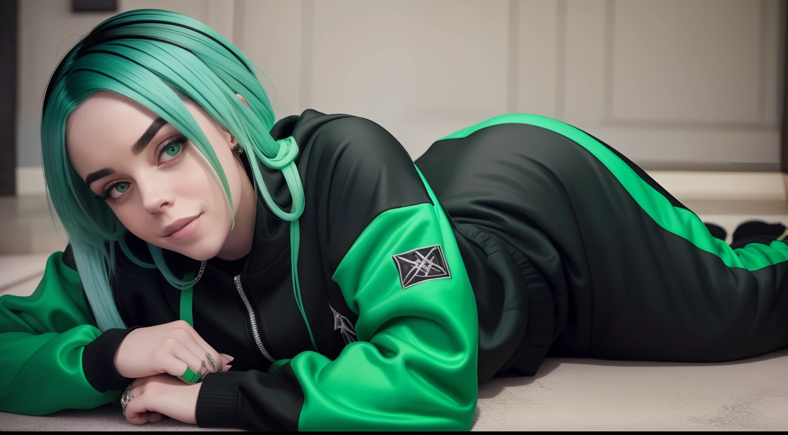 billie eilish, green hair with black, lying on her side!, beautiful body, nice smile, wearing a sexy black tracksuit with green accessories