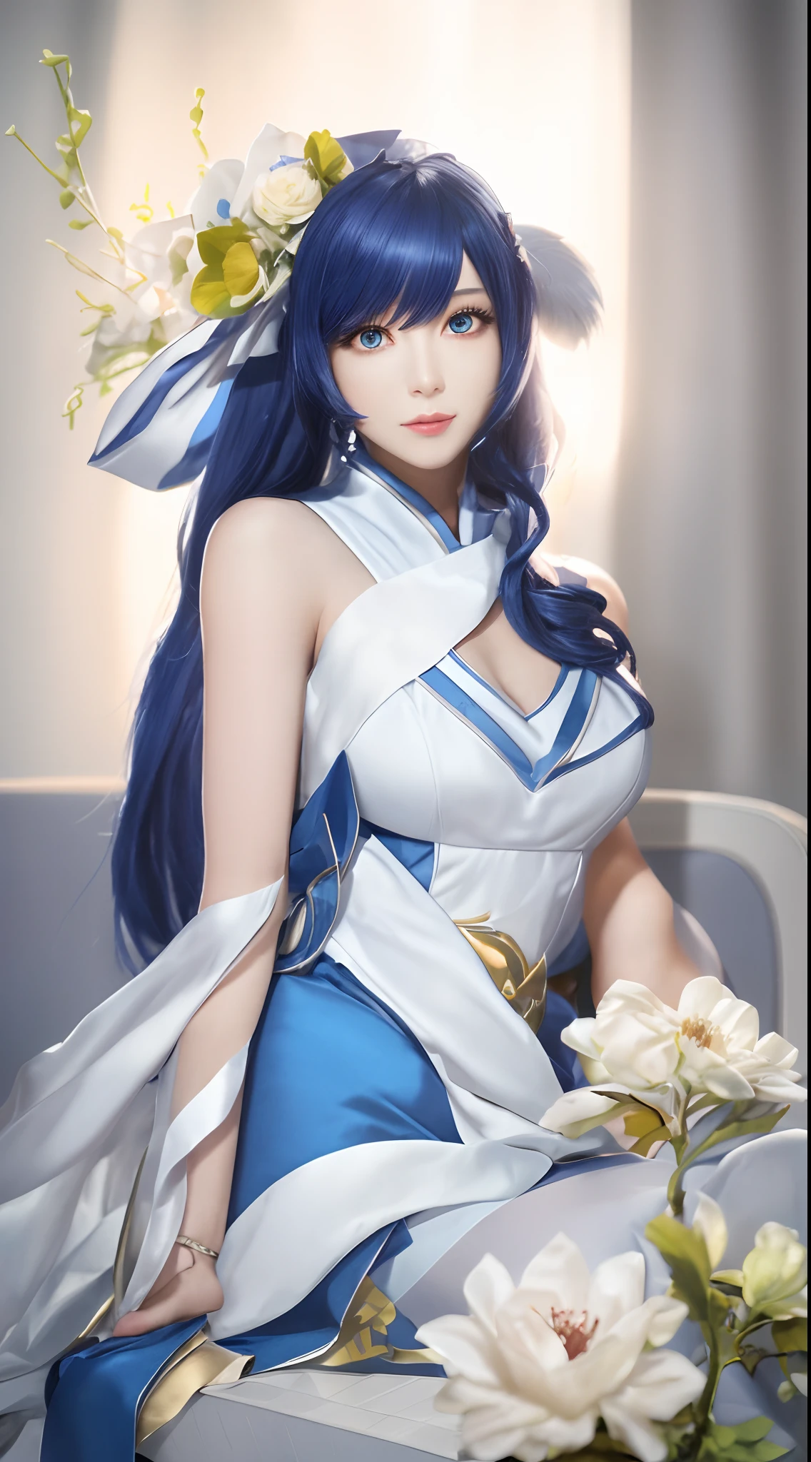 A beautiful Alara woman in a white dress with blue flowers sitting on a sofa, anime girl cosplay, Albedo from Overlord, anime cosplay, Ahri from League of Legends, Ahri, Neko's character cosplay! Handmaiden! Dress, full-body xianxia attire, elegant and charming cosplay, cosplay photos, beautiful and enticing anime woman. (best quality,4k,8k,highres,masterpiece:1.2), ultra-detailed, (realistic,photorealistic,photo-realistic:1.37), HDR, UHD, studio lighting, ultra-fine painting, sharp focus, physically-based rendering, extreme detail description, professional, vivid colors, bokeh, portraits, anime, photography, vibrant color palette, soft lighting.