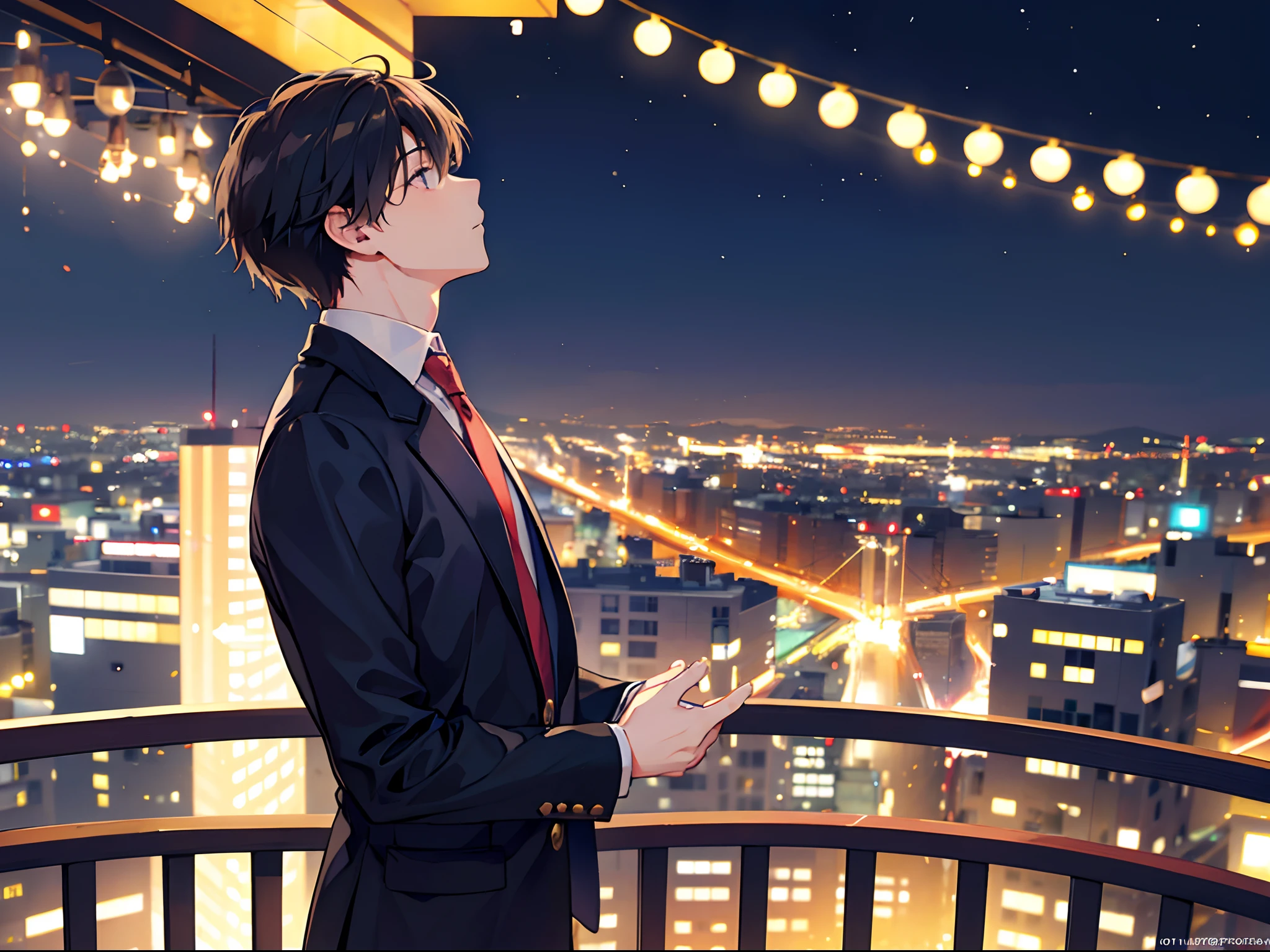 A young man is looking up at the sky、Lonely eyes、profile、Night view of the city、Background bokeh