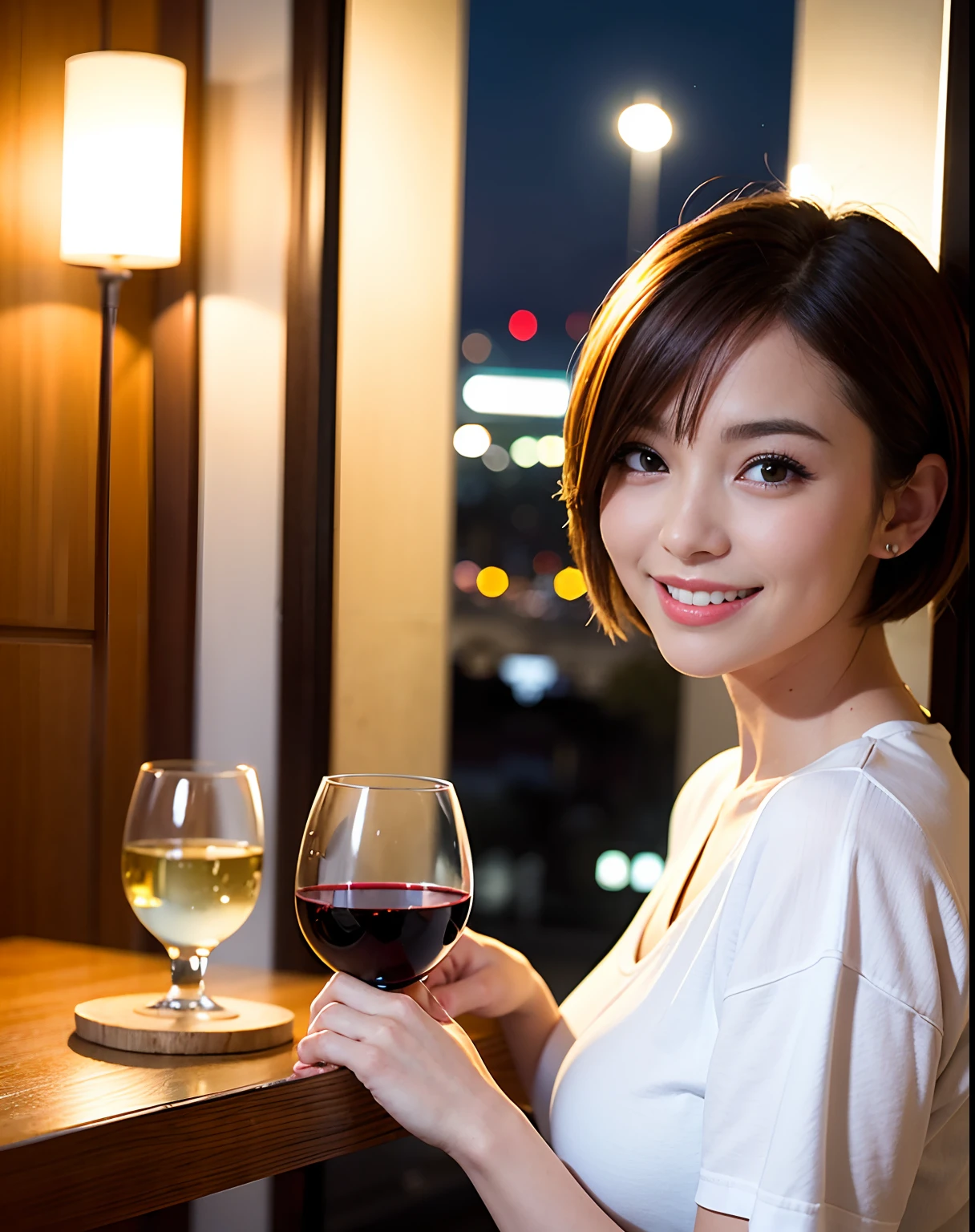 (64K, UHD, top quality, masterpiece: 1.2), (realistic, photorealistic: 1.37), super detailed, pretty woman 1 person, (slim face), (slim body), (brown hair), (short cut), cheeks slightly blushing, (44 years old), 38 years old, solo, beautiful detailed urban night view outside the window, restaurant, wine glasses sit, at night, in a prominent placeNovaFrogStyle, Actress, Model, Waist Up, White Wine, Slim, Wine Glass, Super Clean Night View, Wine Glass Put in the Middle, Happy Smile, (Smile: 1.15), Beautiful Fine Eyes, Upper Body, Bust Japan Up, Night, Short, Short, Actress, Model, Waist Up, White Wine, Slim, Wine Glass, Super Clean Night View, Wine Glass Put in the Middle, Happy Smile,