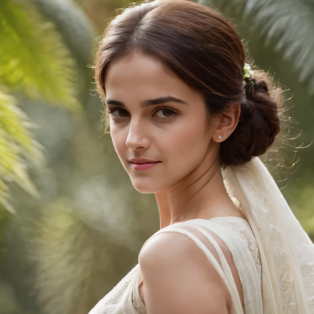 (best quality,4k,highres,masterpiece:1.2), ultra-detailed, (realistic,photorealistic,photo-realistic:1.37), Emma Watson in Kerala White Cotton Saree, with shyness smooth light extra detailed face, half body portrait, slim figure, Kerala style look, extra detailed eyes, beautiful detailed lips, glossy black long hair, delicate facial features, graceful and elegant pose, vibrant colors, soft, warm lighting, scenic background with lush greenery, palm trees, and traditional Kerala architecture.