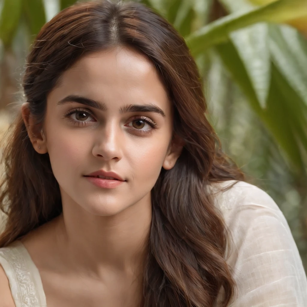 (best quality,4k,highres,masterpiece:1.2), ultra-detailed, (realistic,photorealistic,photo-realistic:1.37), Emma Watson in Kerala White Cotton Saree, with shyness smooth light extra detailed face, half body portrait, slim figure, Kerala style look, extra detailed eyes, beautiful detailed lips, glossy black long hair, delicate facial features, graceful and elegant pose, vibrant colors, soft, warm lighting, scenic background with lush greenery, palm trees, and traditional Kerala architecture.