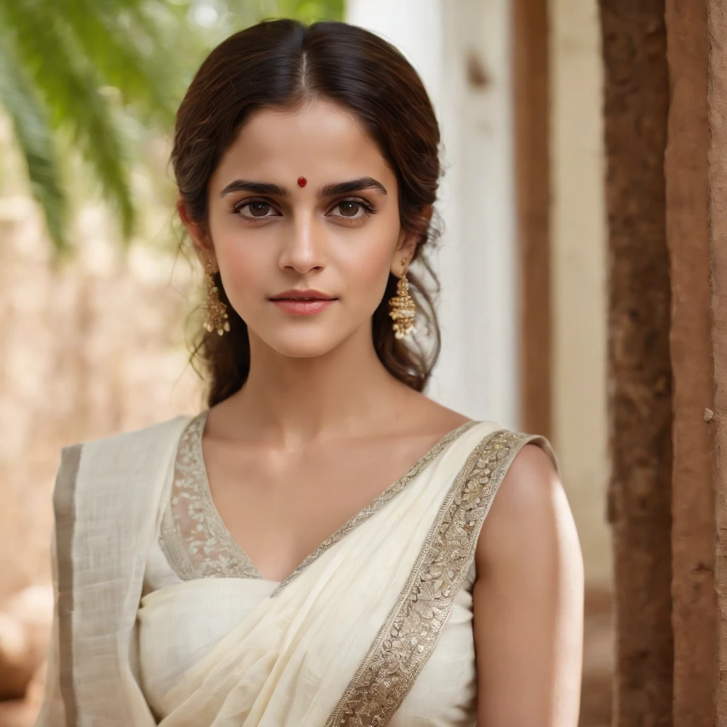 (best quality,4k,highres,masterpiece:1.2), ultra-detailed, (realistic,photorealistic,photo-realistic:1.37), Emma Watson in Kerala White Cotton Saree, with shyness smooth light extra detailed face, half body portrait, slim figure, Kerala style look, extra detailed eyes, beautiful detailed lips, glossy black long hair, delicate facial features, graceful and elegant pose, vibrant colors, soft, warm lighting, scenic background with lush greenery, palm trees, and traditional Kerala architecture.