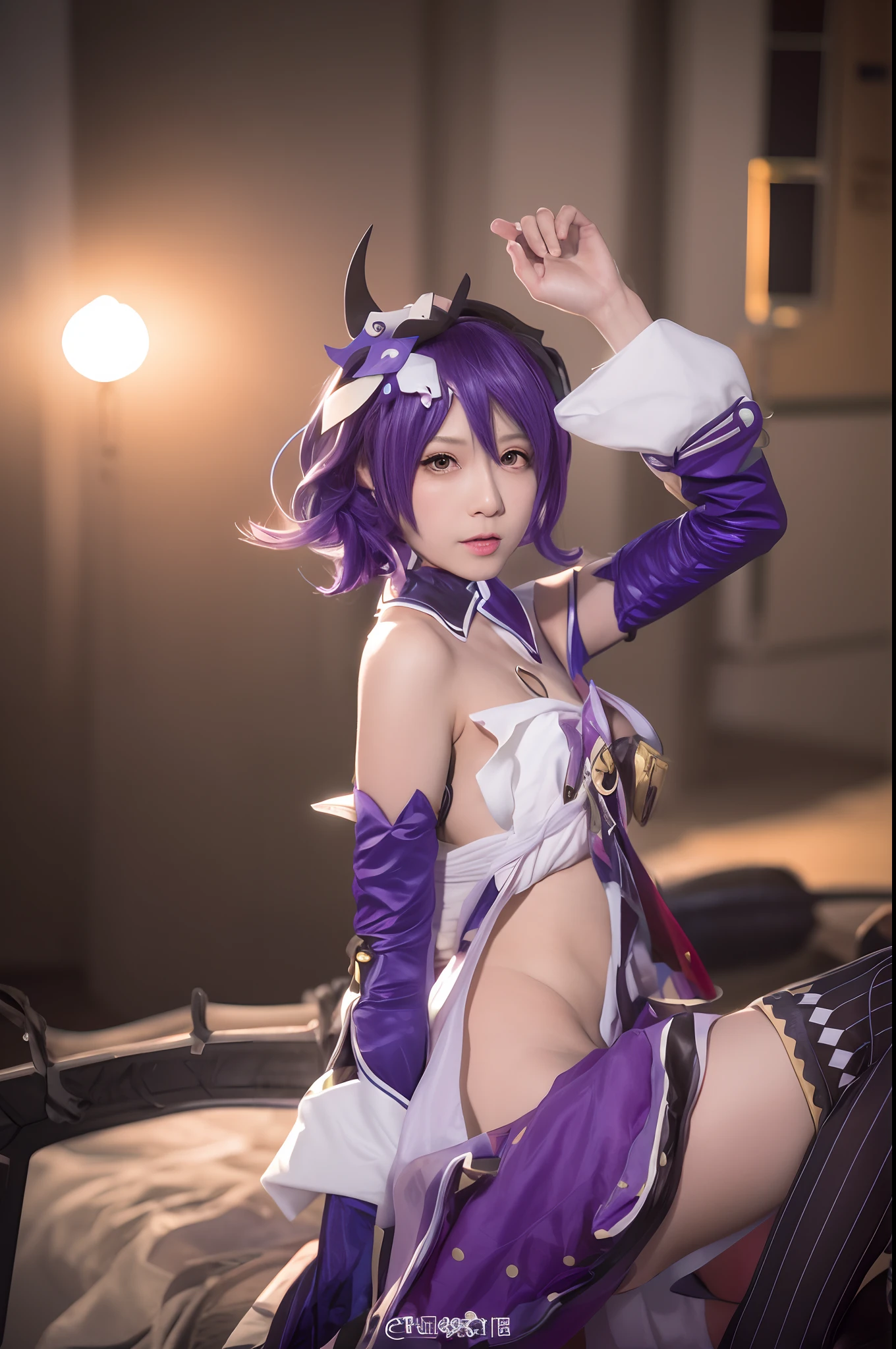 A girl in purple and white attire sitting on rocks, anime girl cosplay, anime cosplay, tearing of the Overlord, Ayaka cosplay, the impact of Ayaka from Genshin, cosplay photographs, cosplay, a graceful character from the Genshin Impact, Ayaka gaming cosplay, the impact of Genshin in Zhongli, professional role-playing, elaborate cosplay. (best quality, 4k, highres, masterpiece:1.2), ultra-detailed, (realistic, photorealistic, photo-realistic:1.37), HDR, UHD, studio lighting, vibrant colors, anime-style, vibrant color palette, dramatic lighting.