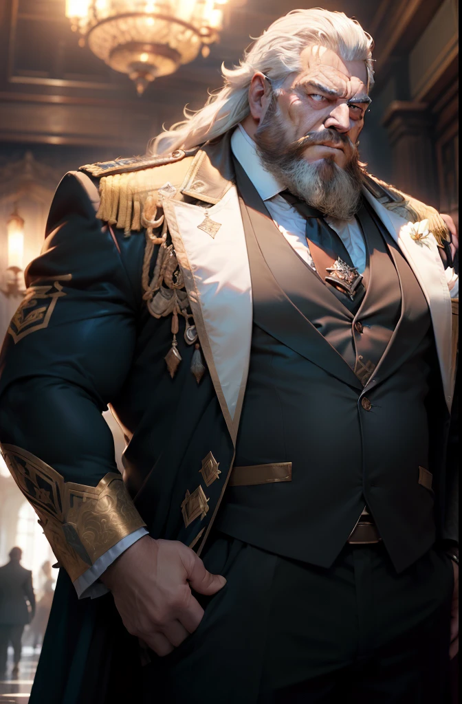 old man, bara,royal commander, thick body, slightly fat,ornate suit,long tie,white beard,handsome, sharp gaze, in cage,red eyes, big bulge, standing, hands put behind hip, hd quality, masterpiece, extremely detailed, looking to the viewer, perspective view, UHD, 64k, unreal.(highly detailed skin), (detailed face), detailed background, dark lighting, twilight lighting, volumetric lighting, intricate details, UHD