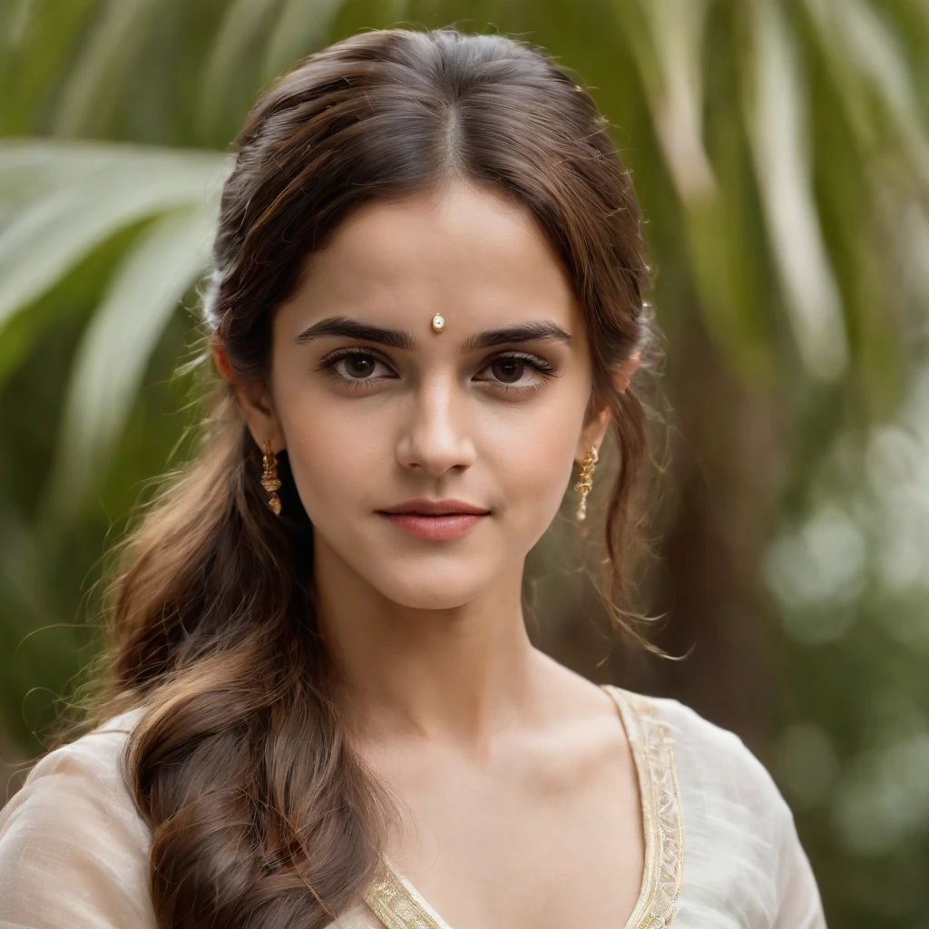 (best quality,4k,highres,masterpiece:1.2), ultra-detailed, (realistic,photorealistic,photo-realistic:1.37), Emma Watson in Kerala White Cotton Saree, with shyness smooth light extra detailed face, half body portrait, slim figure, Kerala style look, extra detailed eyes, beautiful detailed lips, glossy black long hair, delicate facial features, graceful and elegant pose, vibrant colors, soft, warm lighting, scenic background with lush greenery, palm trees, and traditional Kerala architecture.